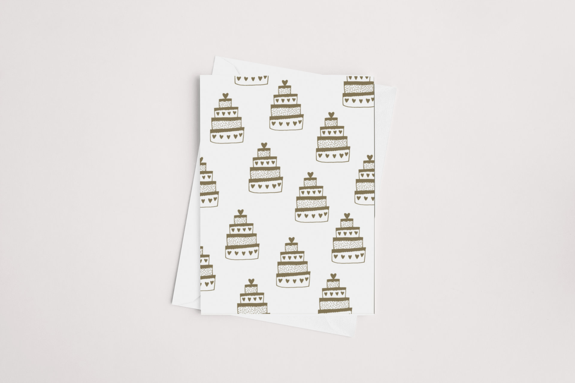 A Love Cake Card featuring multiple tiers of cake illustrations against a clean, white background by Tuesday Print.