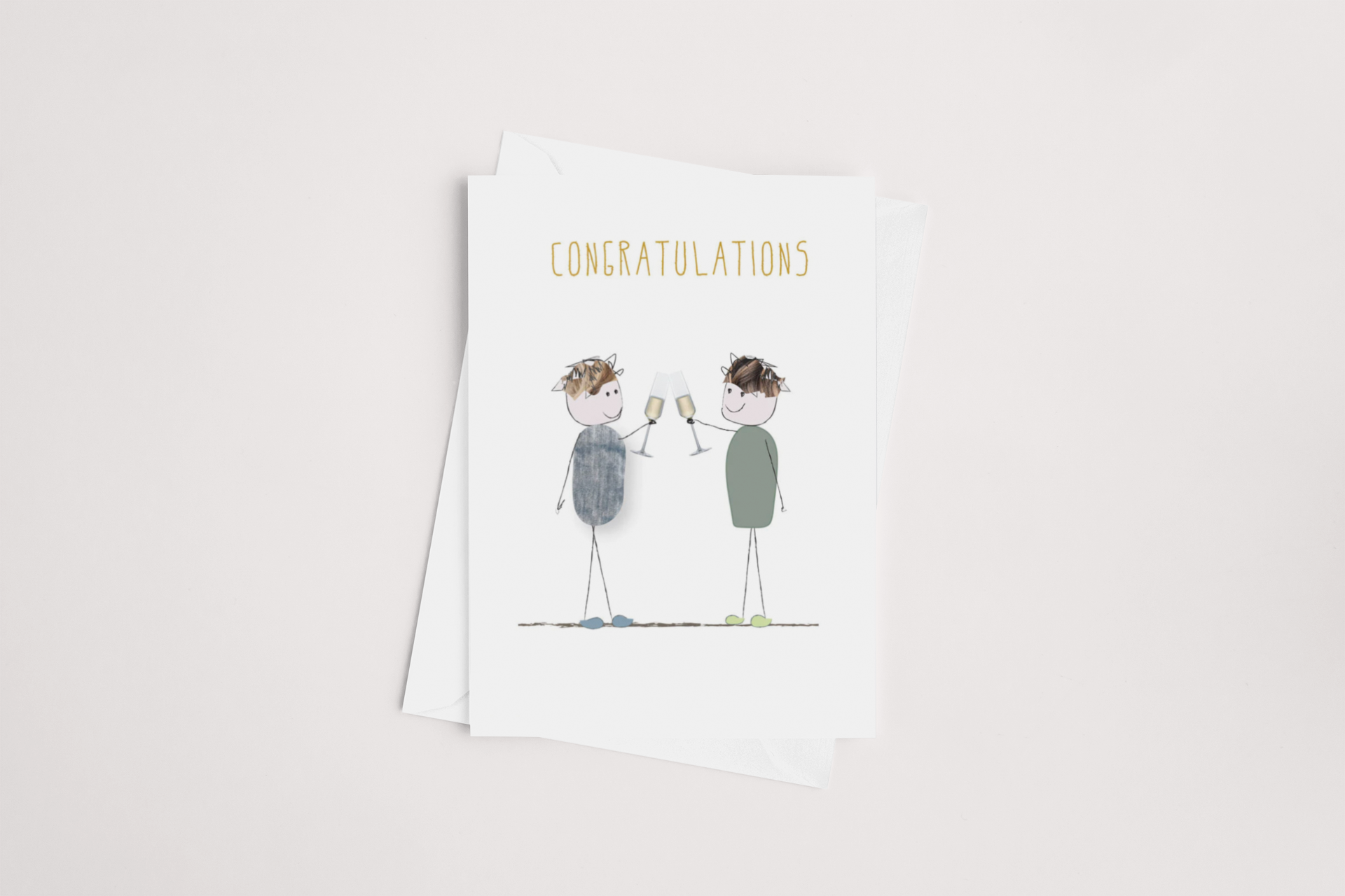 A icandy Champagne Congratulations Card with an illustration of two cheerful animated characters and the word "congratulations" above them, set against a clean white background. This Product of New Zealand is part of our Mult