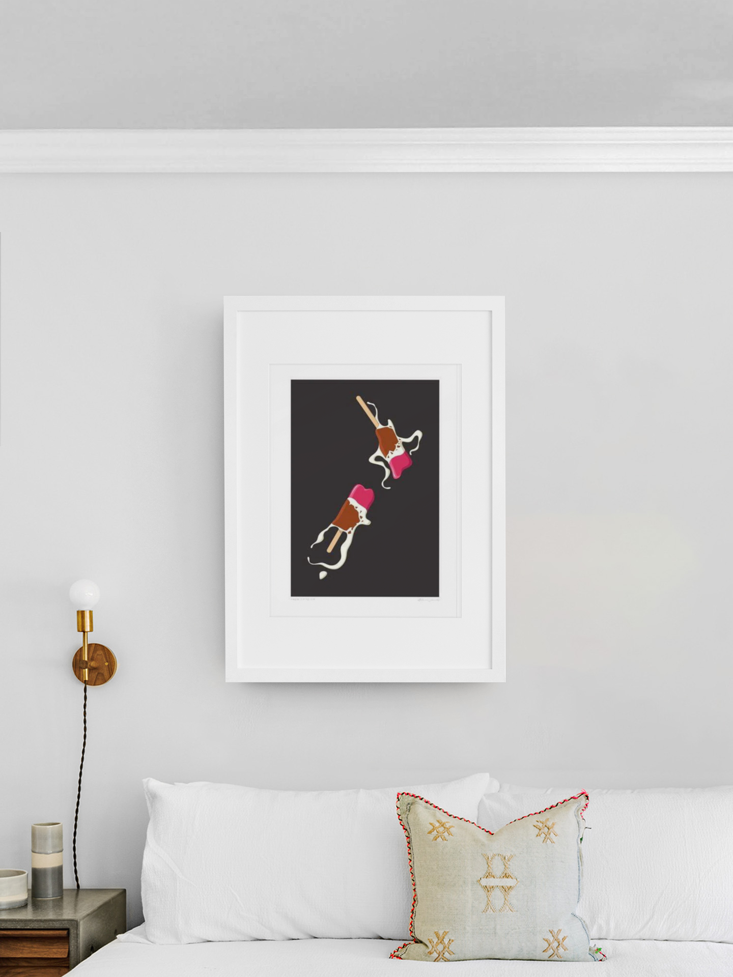 A minimalistic and stylish room with a clean white wall featuring a framed abstract artwork of a figure in motion, creating a sophisticated and contemporary atmosphere reminiscent of Glenn Jones's From Tip to Tip product flair.