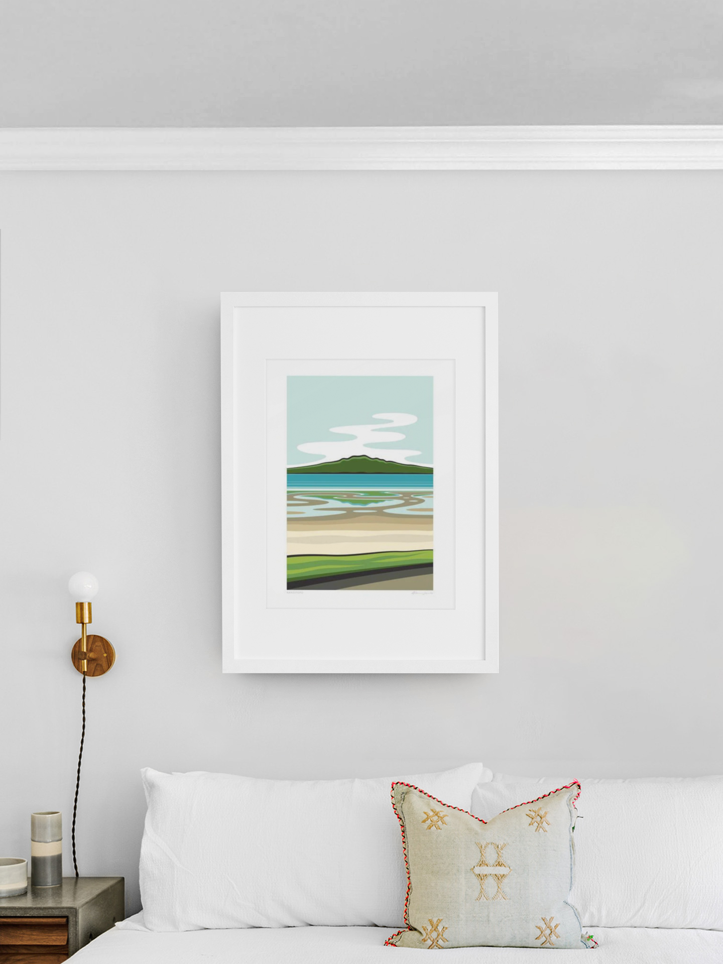 A serene landscape painting from the Rangitoto by Glenn Jones Series, depicting abstract green hills and a soft blue sky with hints of Auckland's Rangitoto Island, hangs on a clean, white wall above.