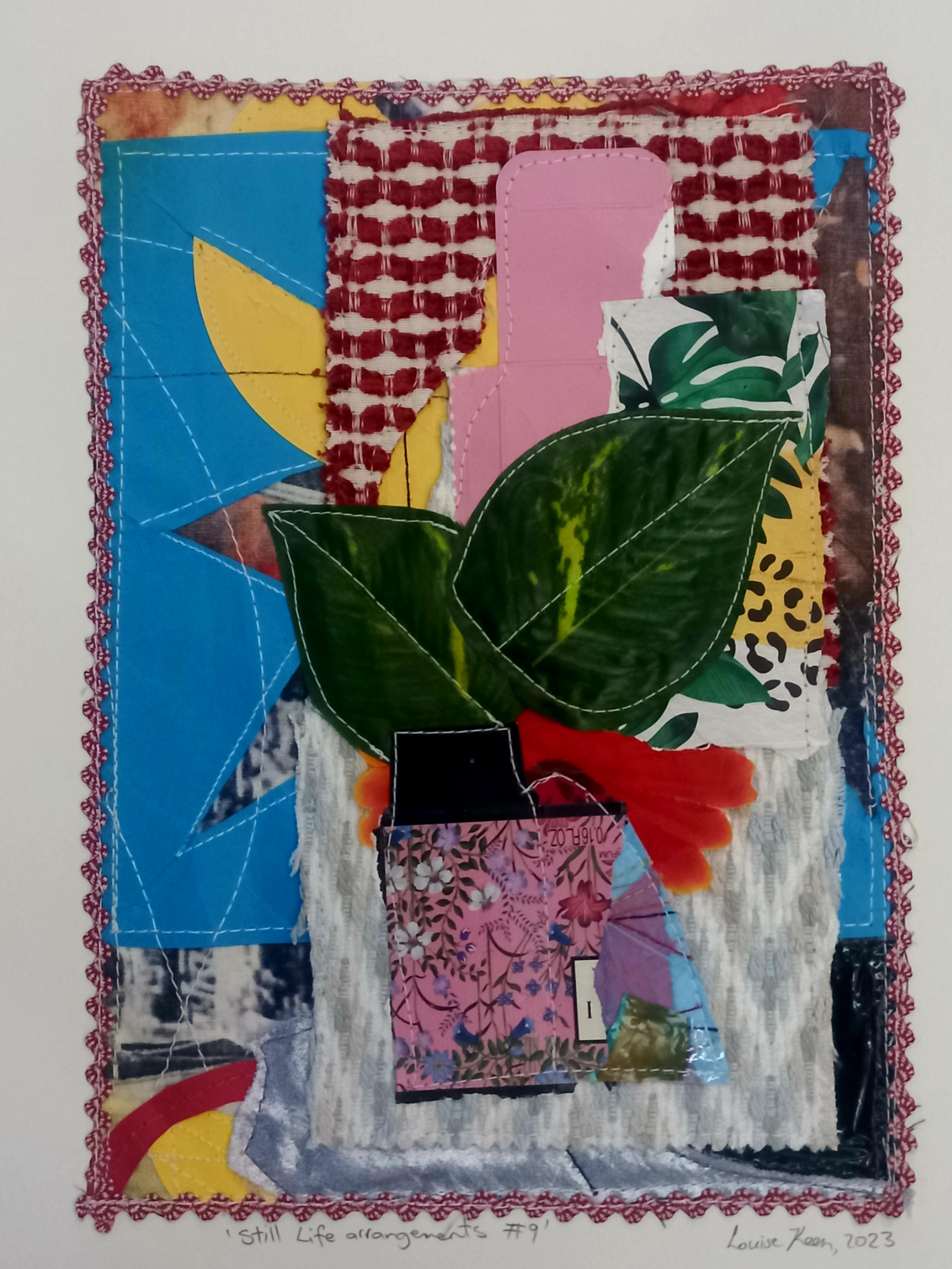 A vibrant and textured mixed media collage combining various fabric patterns, plant elements, and a small floral print perfume bottle on Hahnemühle fine art paper, creating a unique and eclectic Still Life Arrangements #9 by Louise Keen.
