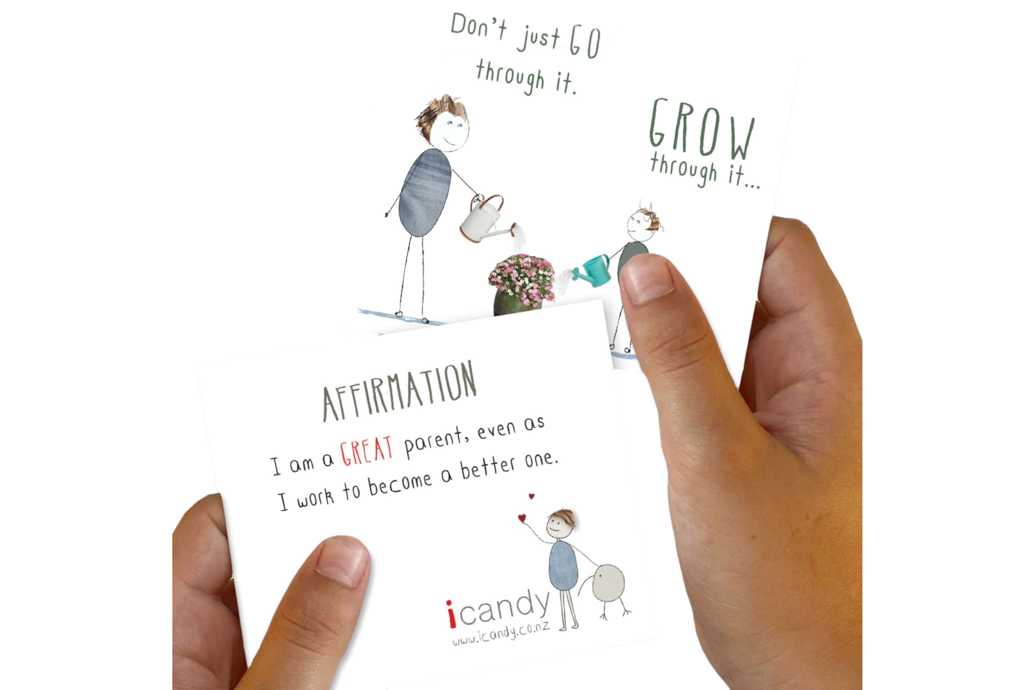 Hands holding an icandy Positivity for Parents - Positivity Pack card with a message about personal growth and parenting encouragement.