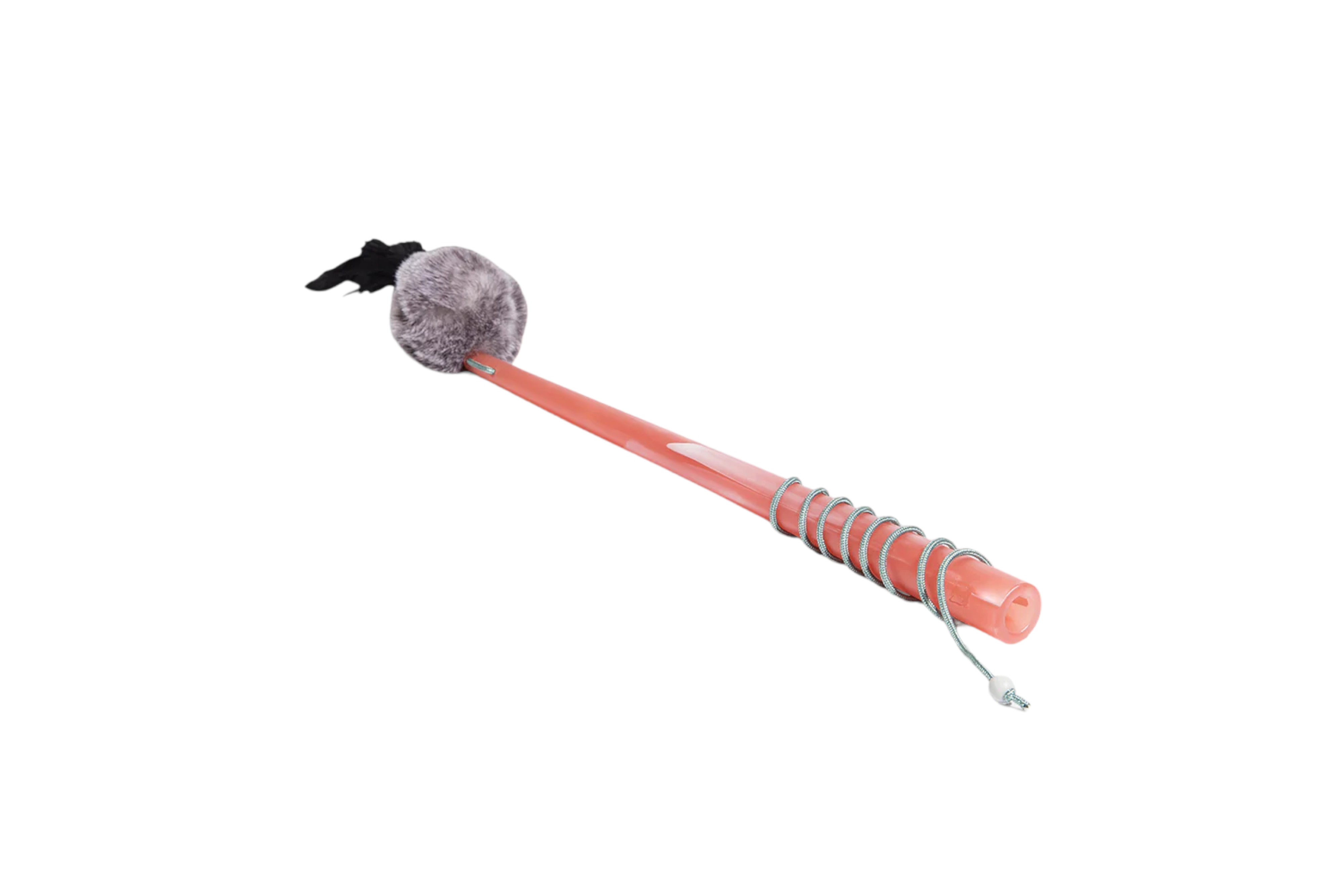 A Zee.Cat Wand Toy with a plush ball, feathers, and bells on a spring coil attached to a stick, designed to engage pets in playful activity, isolated on a white background.