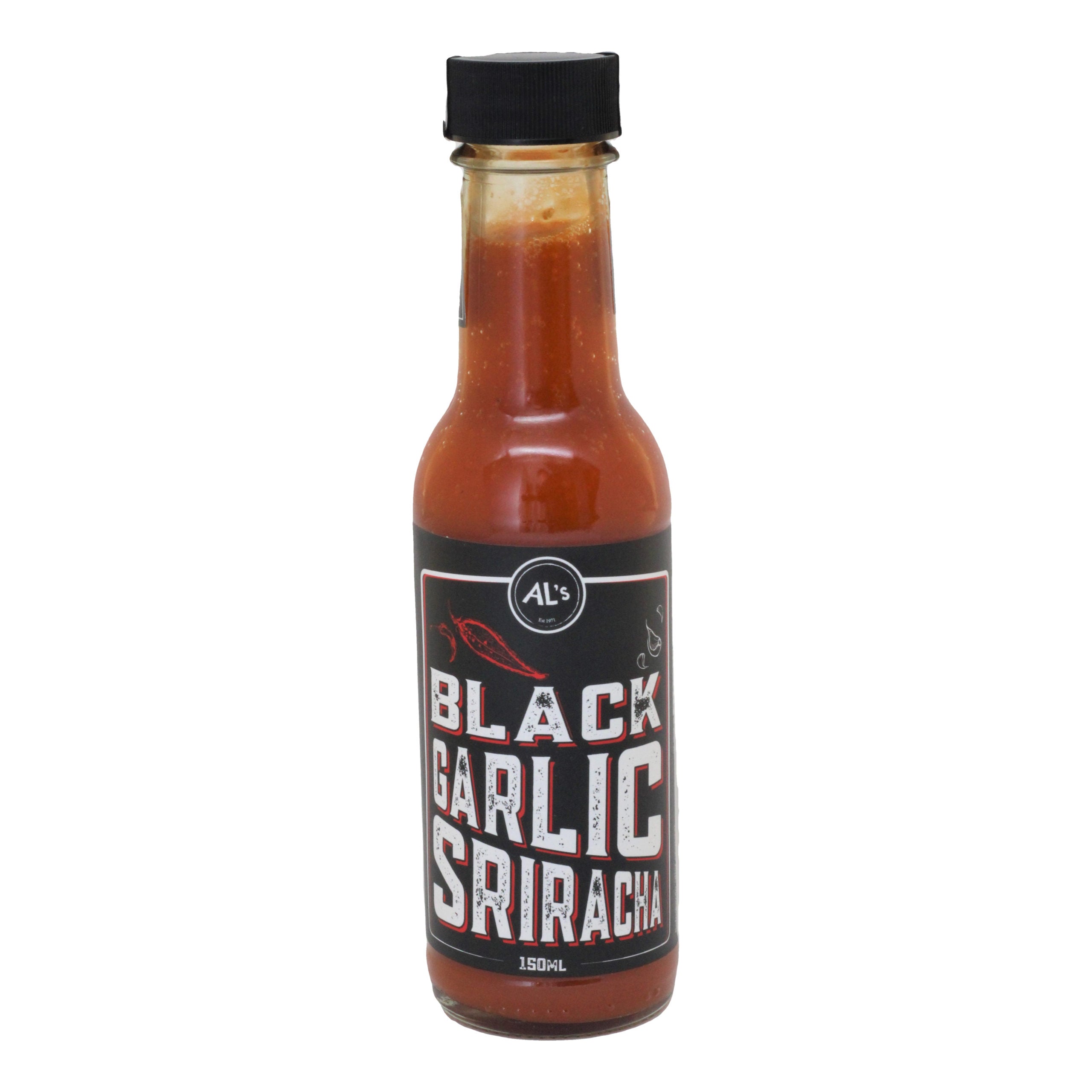A bottle of His black garlic sriracha sauce, 150 ml, displaying a dark label with red and white text, isolated on a white background.
