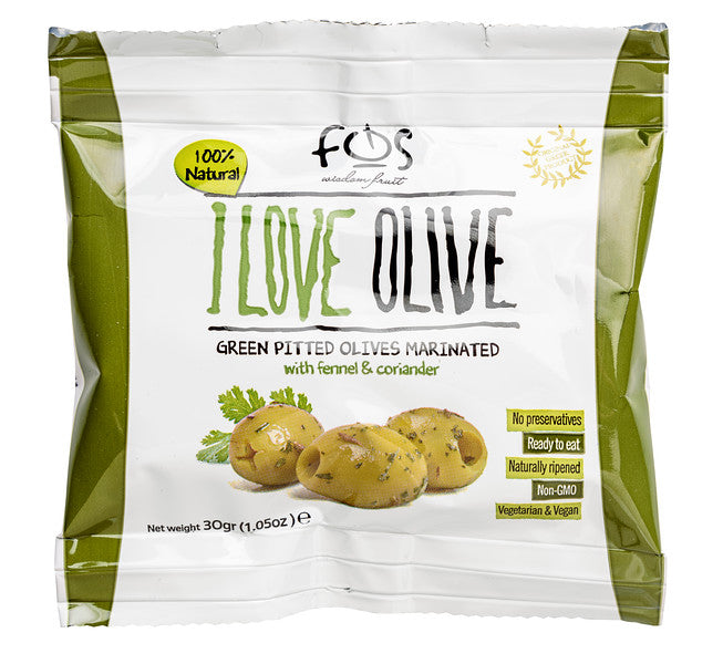 Packaging of "Celebrate" brand green pitted olives marinated with fennel and coriander, presented in a giftbox co., highlighting its natural, non-GMO, pres