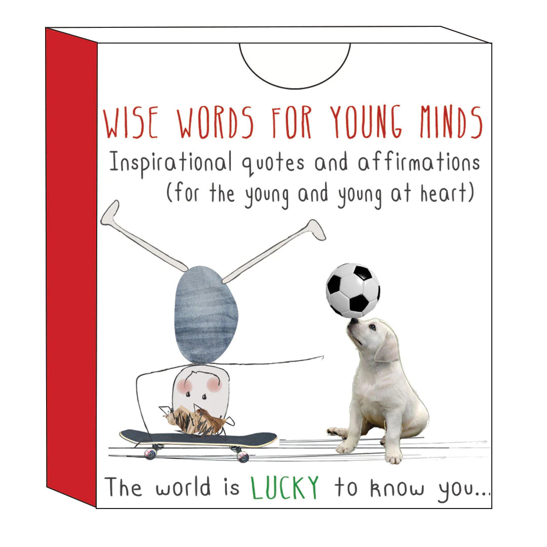 A playful greeting card from icandy featuring a cartoon egg skateboarding, a soccer ball, and an adorable puppy standing on its hind legs, with the message "affirmations for young minds" (for the young and).