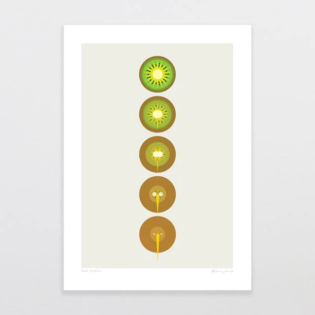 Slice of time: a minimalist depiction of Kiwi to Kiwi by Glenn Jones in different stages of being sliced, showcasing the beauty of symmetry and natural patterns in fruit, capturing the essence of transformation.