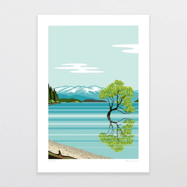 A scenic series tranquil lake scene with reflections, featuring the solitary Wanaka by Glenn Jones Tree on the calm water's edge against a backdrop of mountains and a clear sky.