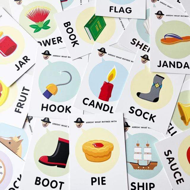 An assortment of Rhyming Pirate Flash Cards adorned with Glenn Jones Accessories, featuring illustrations and rhyming objects designed to assist in learning English vocabulary through visual aids.