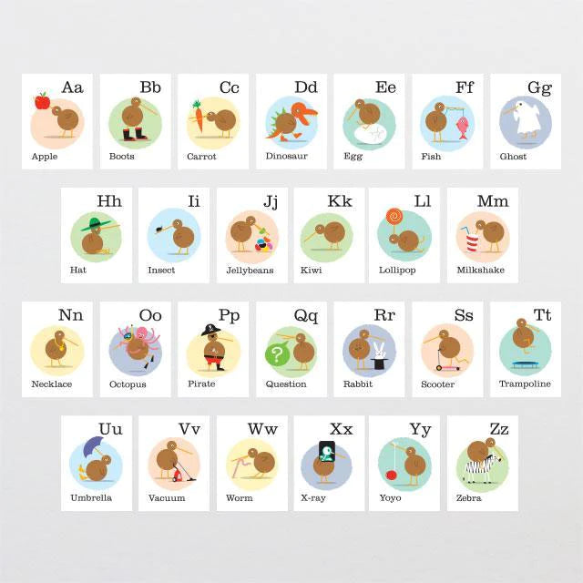 A colorful ABC Flash Cards set featuring letters A to Z with corresponding words and playful illustrations for each, including a Kiwi character, designed to aid in teaching children the alphabet and word associations by Glenn Jones Accessories.