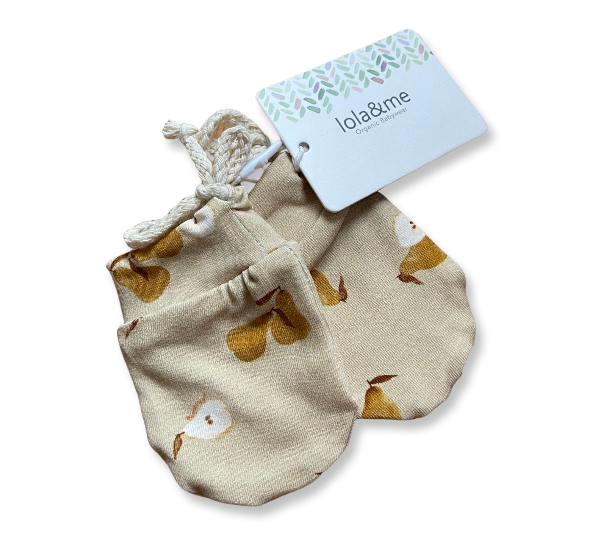 A small fabric pouch with a floral pattern, featuring a drawstring closure and an attached brand label that reads "giftbox co.," perfect as a New Arrival baby giftbox.