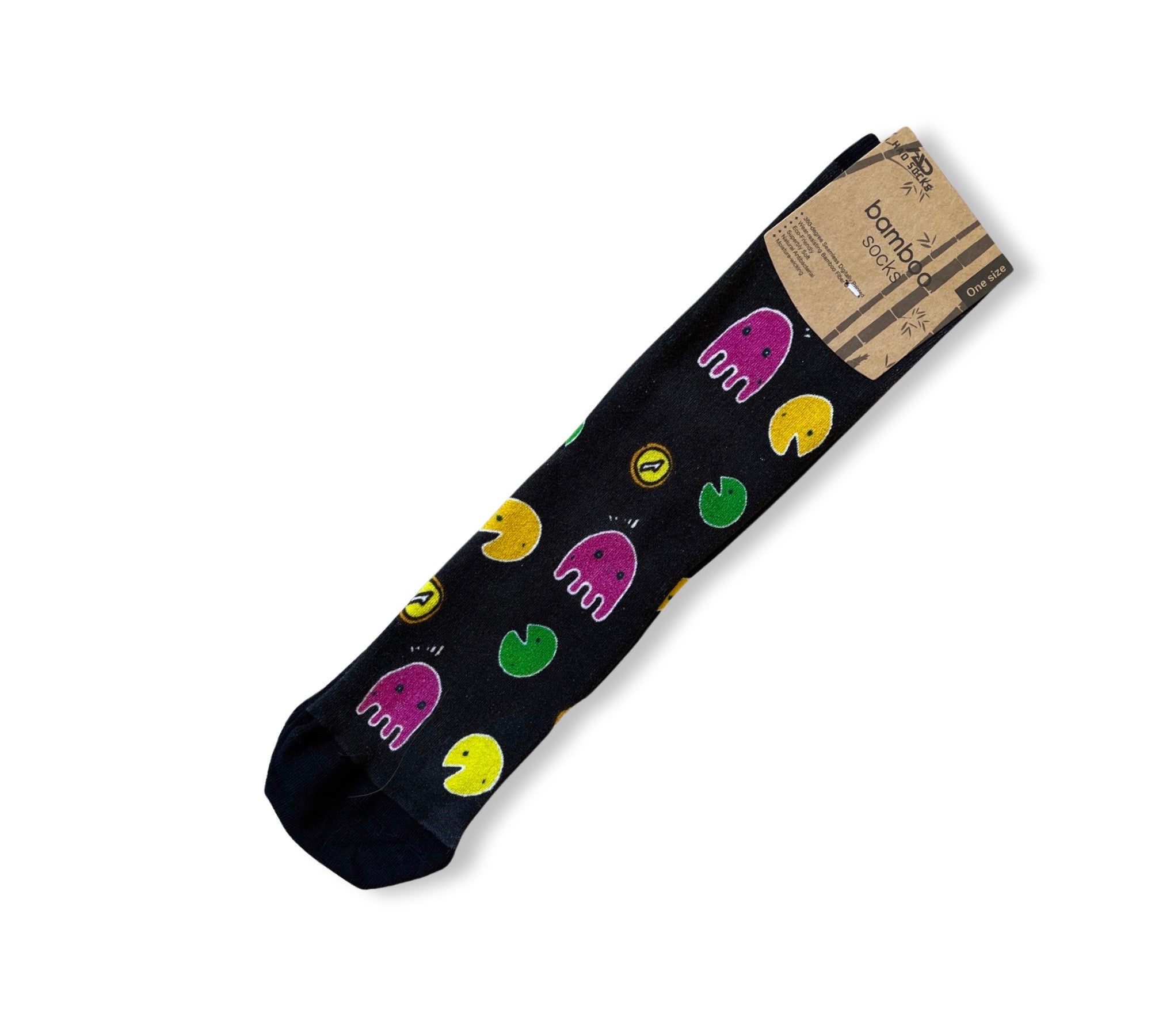 A pair of black socks with colorful, whimsical jellyfish patterns, displayed on a white background with a giftbox co. label at the top.