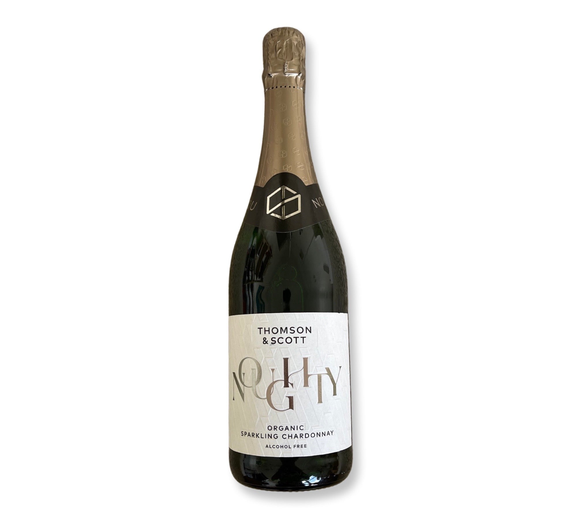 A bottle of Thomson & Scott "Noughty" organic, alcohol-free Sparkling Chardonnay, displayed against a plain background in a Celebrate giftbox by giftbox co.