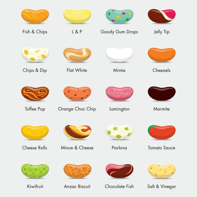 A colorful assortment of illustrated snack icons representing various foods and treats, from chips and dips to What's Your Flavour? by Glenn Jones Jelly Bean sweets and pastries, neatly organized for a visual menu or food chart.