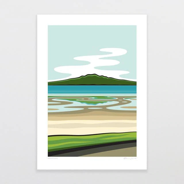 Stylized minimalist landscape art print from the Rangitoto by Glenn Jones Series featuring serene Rangitoto mountain reflections on tranquil Auckland water.