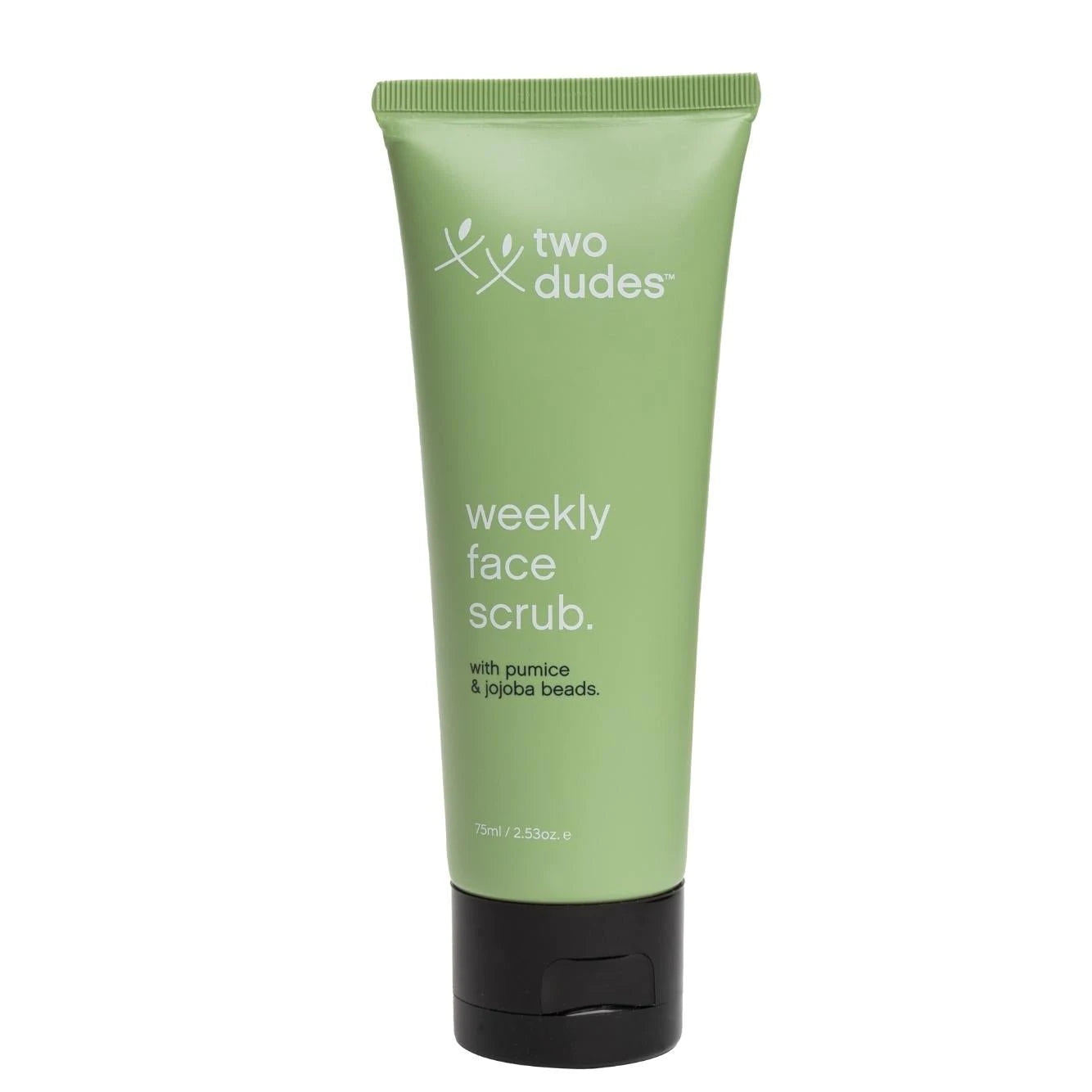 A tube of "His" weekly face scrub in a light green tube with pumice and jojoba beads, 75ml size, part of a giftbox co. New Zealand giftbox, shown