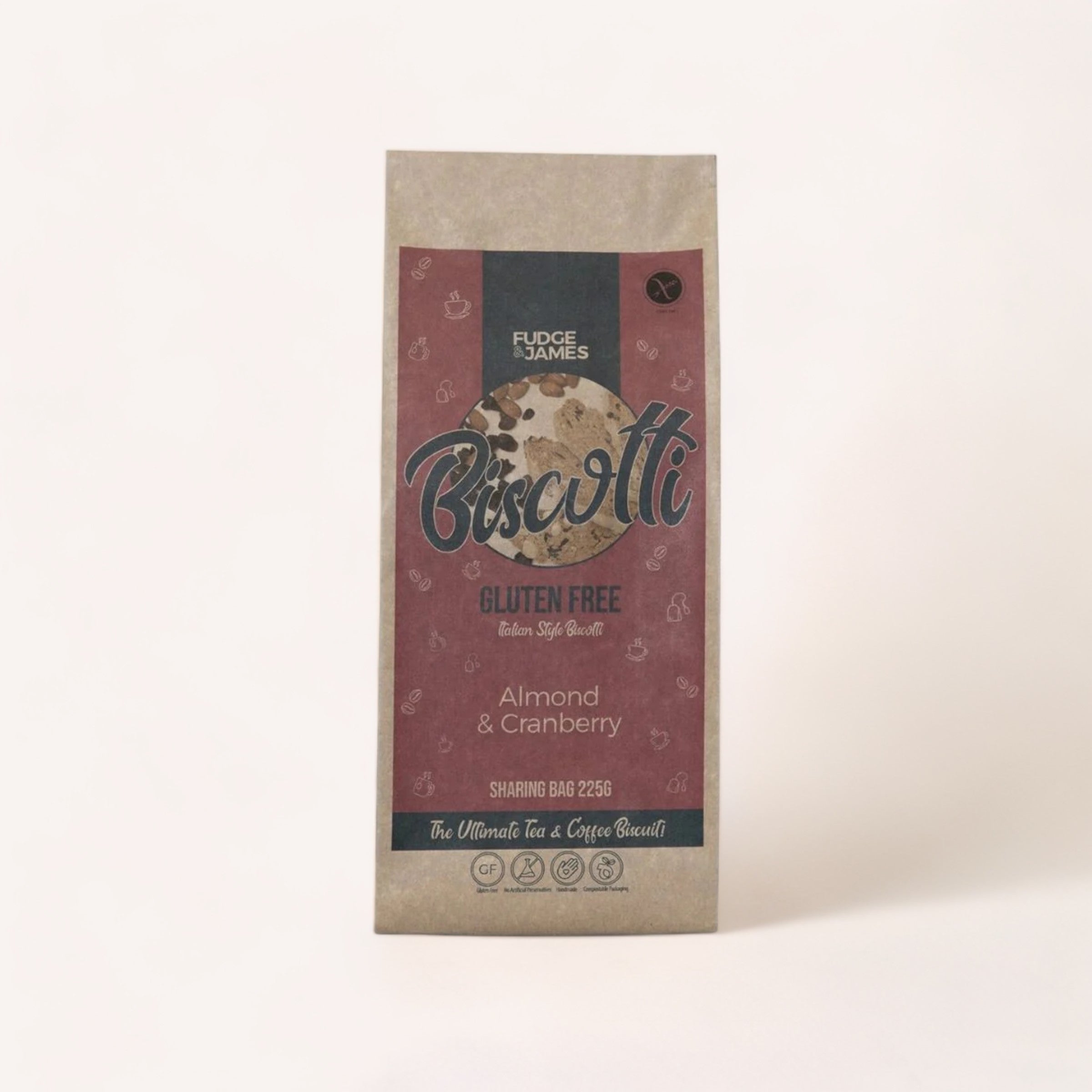 A pack of gluten-free biscotti with almond and cranberry flavor, presented in a sophisticated brown package, ideal for pairing with giftbox co. Coffee, Anyone?.