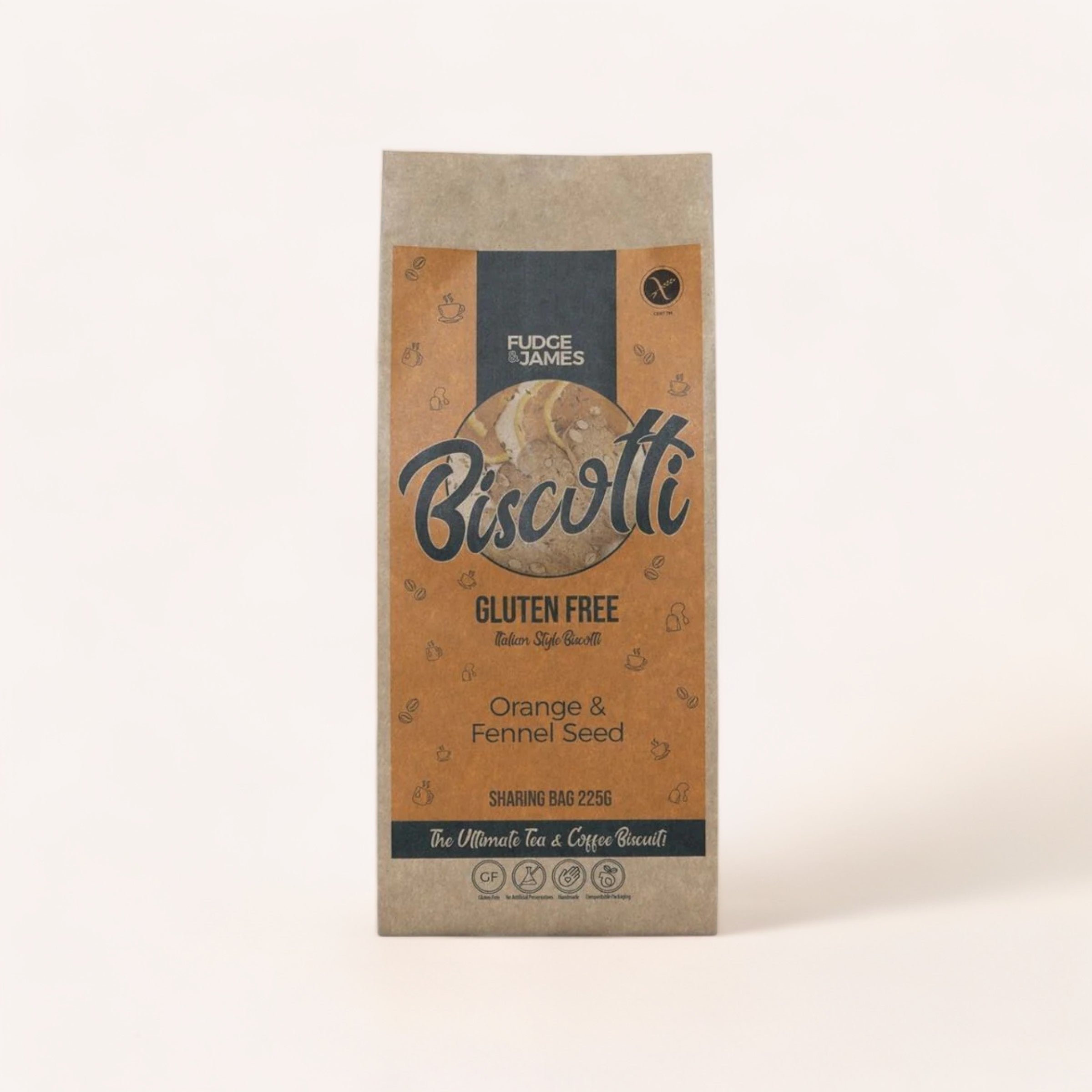 A pack of gluten-free biscotti with orange and fennel seed flavor, marketed as the ultimate companion for giftbox co. Coffee, Anyone?