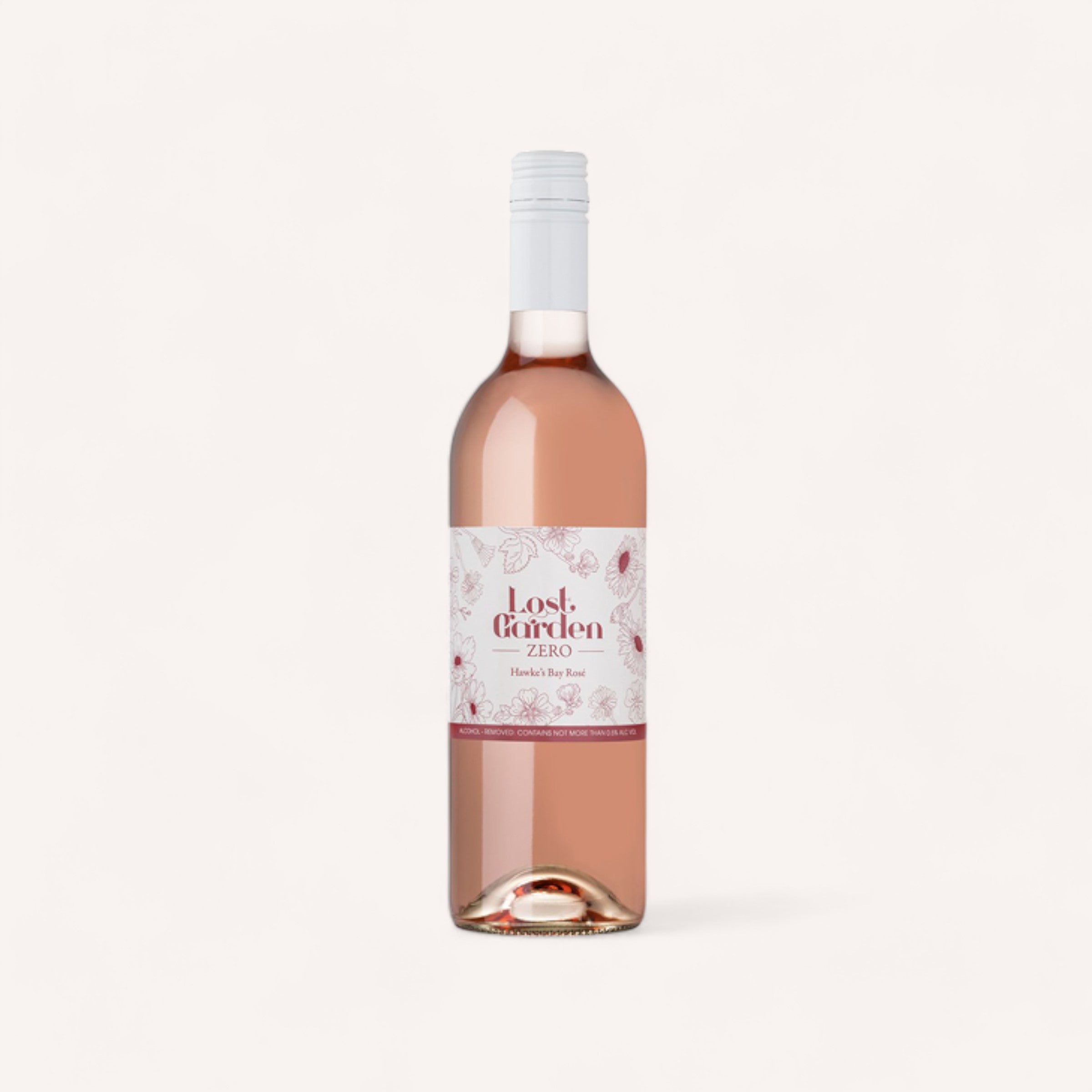 A bottle of Trinity Hill Hawkes Bay Rose wine with a label that reads "Lost Garden Zero" against a white background.