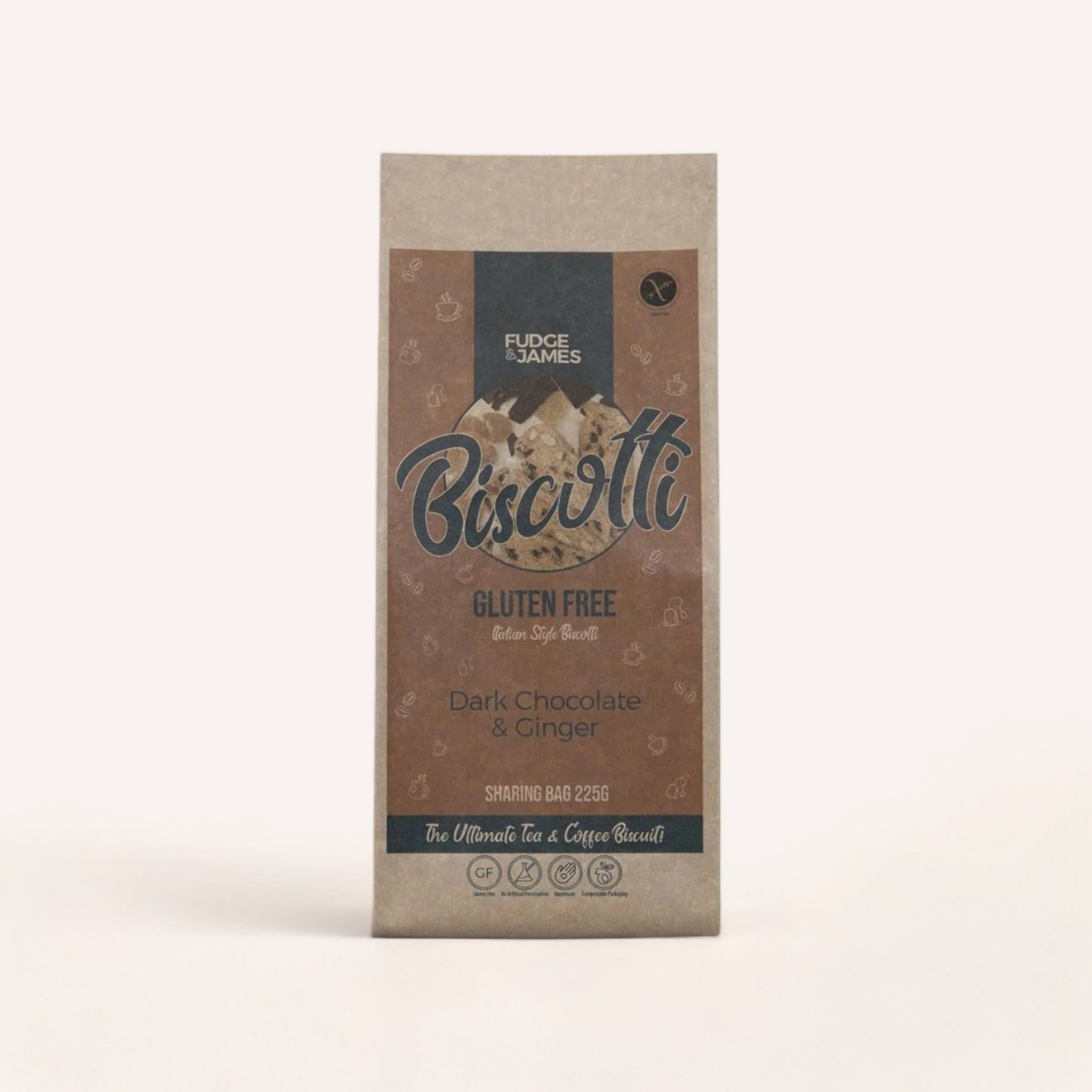 A package of Coffee, Anyone? biscotti fudge James, gluten-free with dark chocolate & ginger flavor, standing on a neutral background alongside an ACME Coffee Cup.