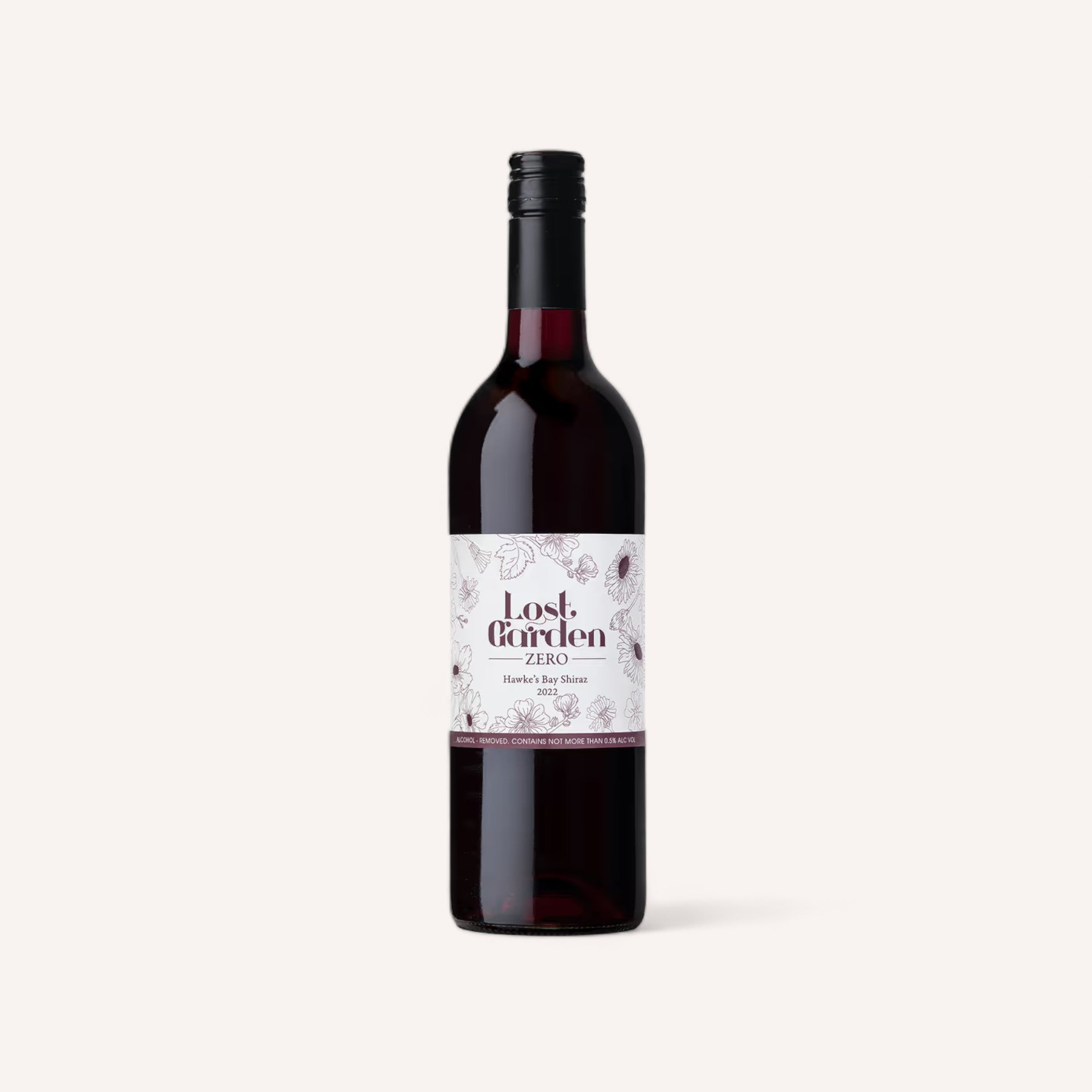 A bottle of "Shiraz Wine by Lost Garden" Hawkes Bay standing against a white background.