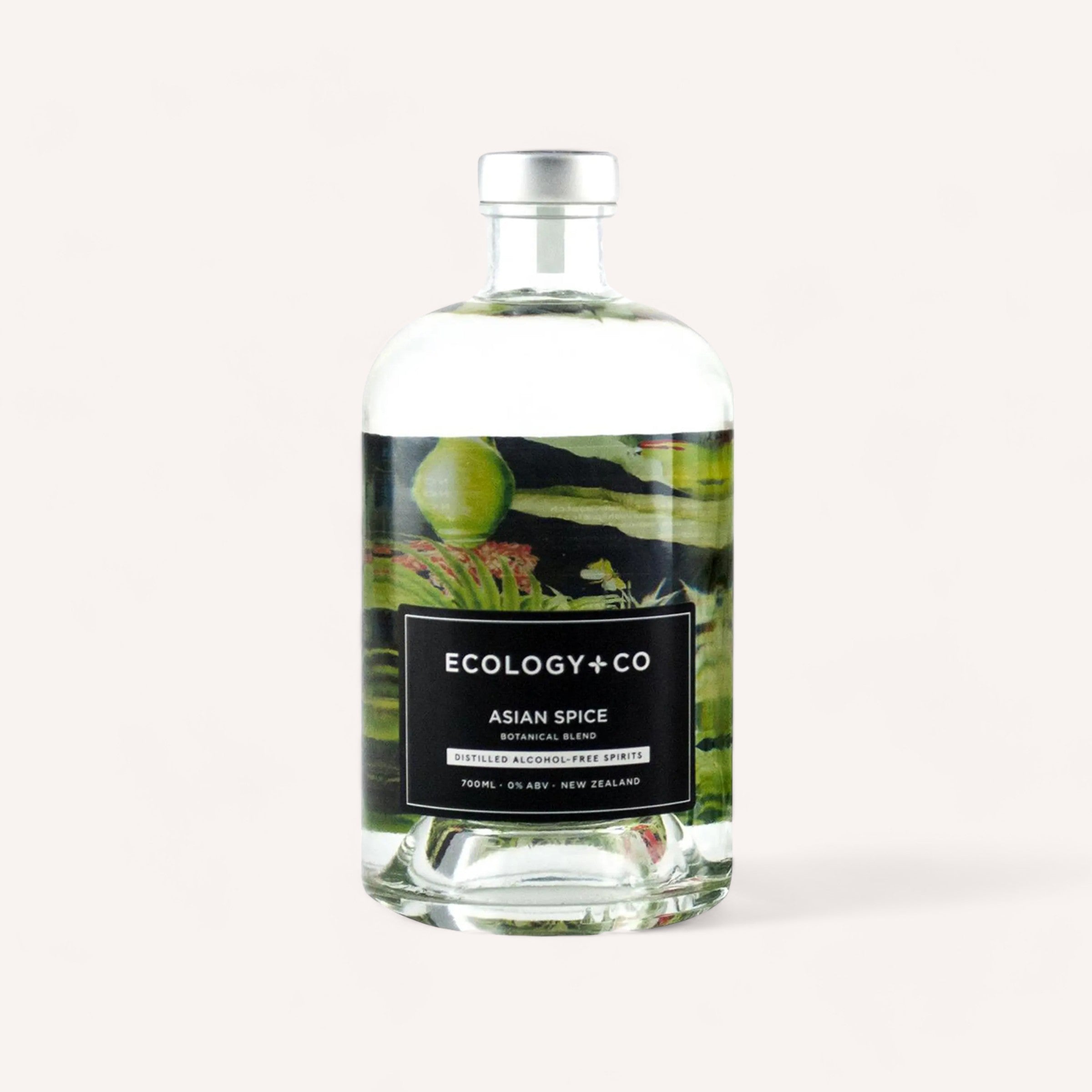 A sleek bottle of Ecology & Co Asian Spice zero alcohol gin, featuring natural, tropical New Zealand ingredients with a hint of cardamom on a clean white background.