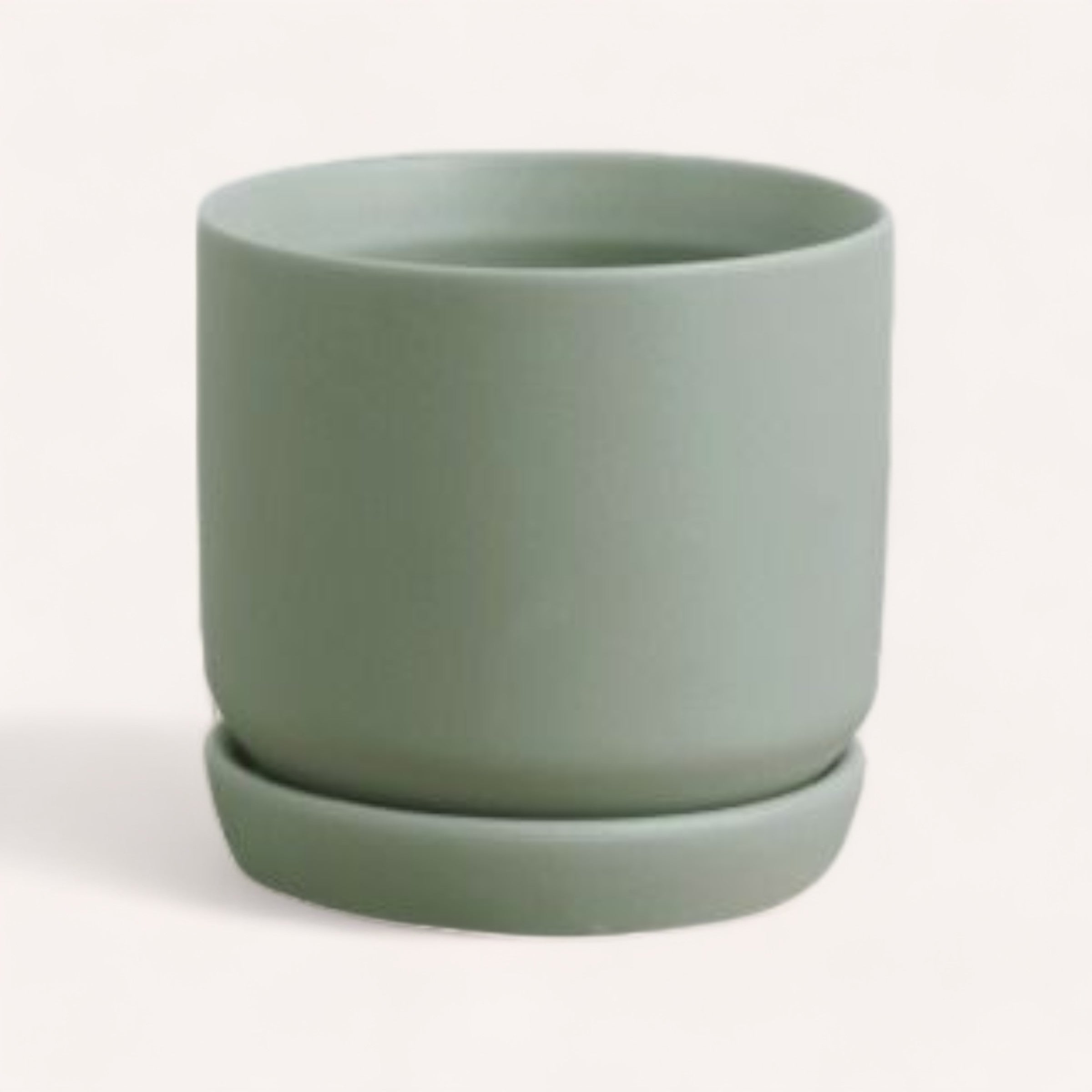 The Oslo Planter by Potted NZ, crafted from matte sage green stoneware, rests on a simple, light beige surface. Its design includes a smooth cylindrical shape with a slightly rounded rim and incorporates a drainage hole to ensure optimal plant health. The matching wide circular saucer is positioned directly underneath.