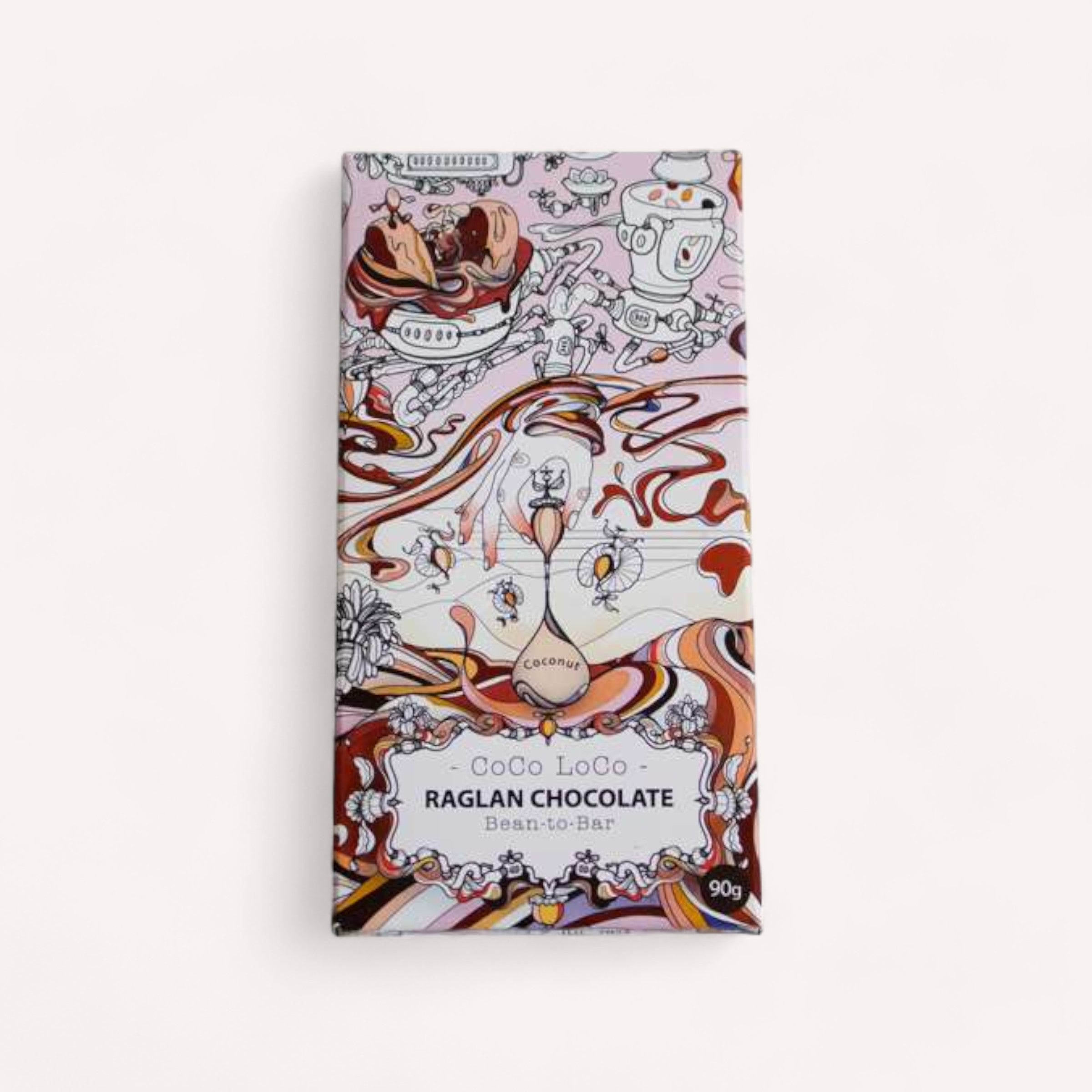 Abstract and colorful artwork on a CoCo LoCo by Raglan Chocolate wrapper.