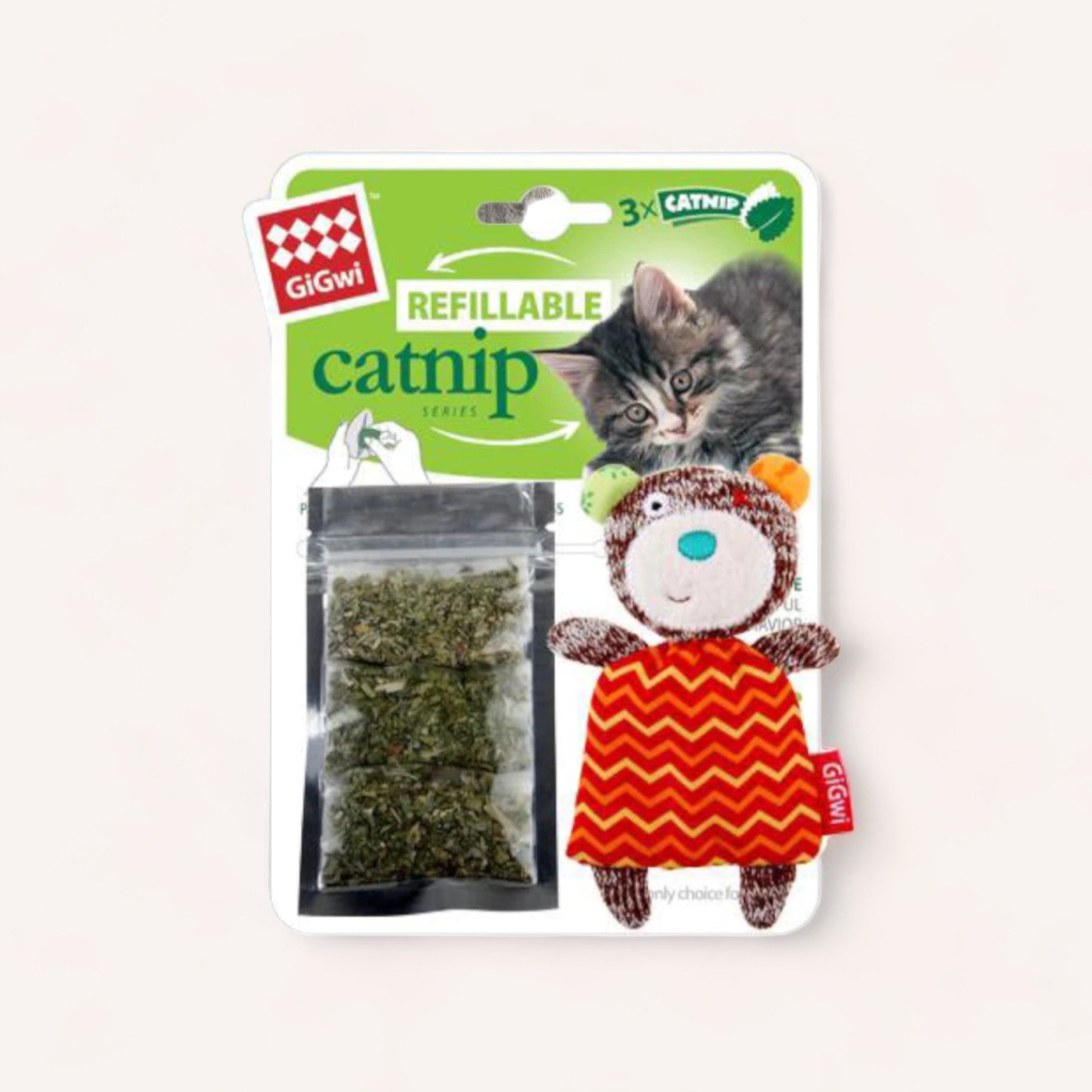 A GiGwi Refillable Catnip Bear toy for felines, featuring a cheerful bear design, accompanied by a refillable pouch of natural catnip leaves to keep your pet entertained and stimulated.