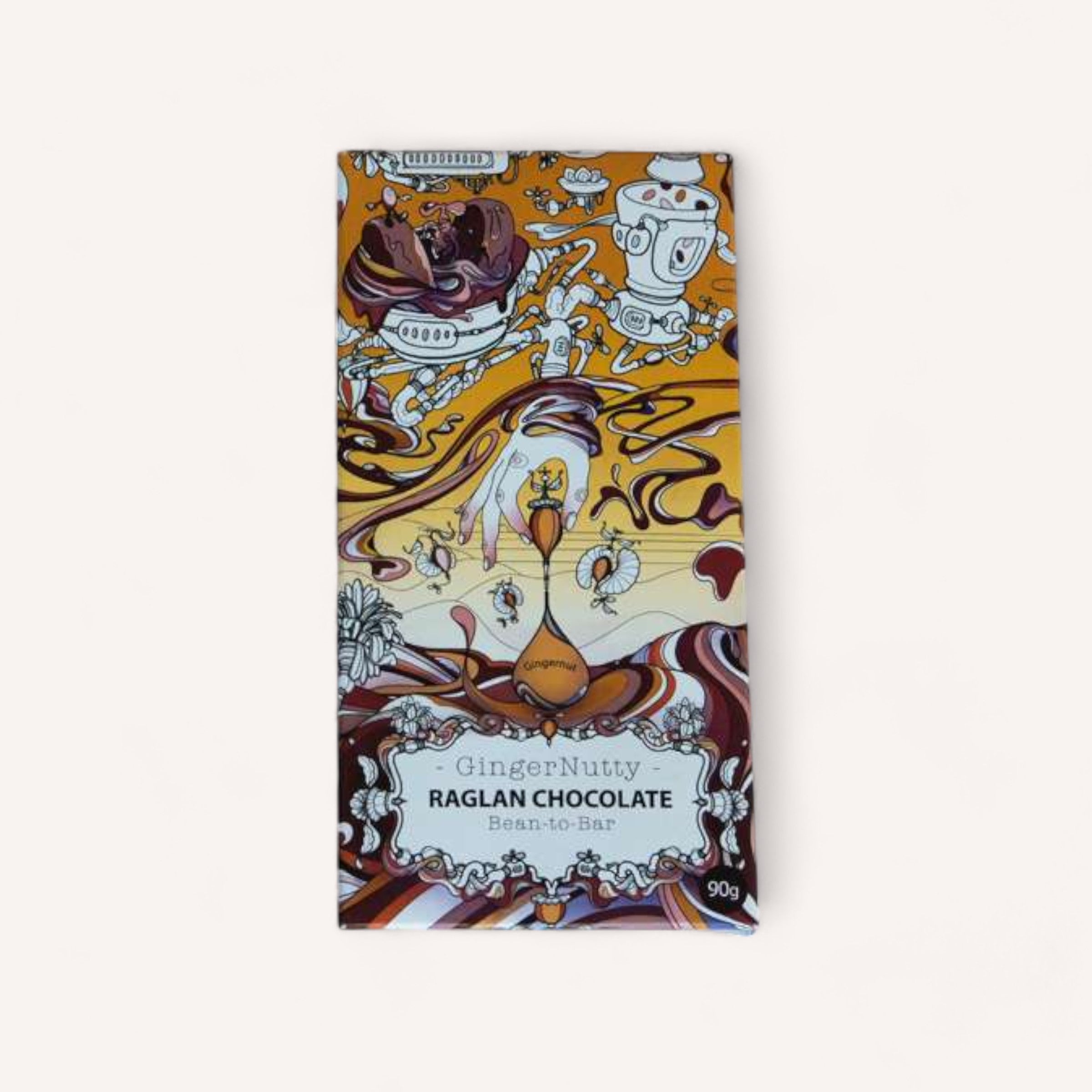 A vibrant organic Raglan Chocolate Ginger Nutty bar wrapper with intricate, whimsical designs featuring character-like drawings and swirls of color.