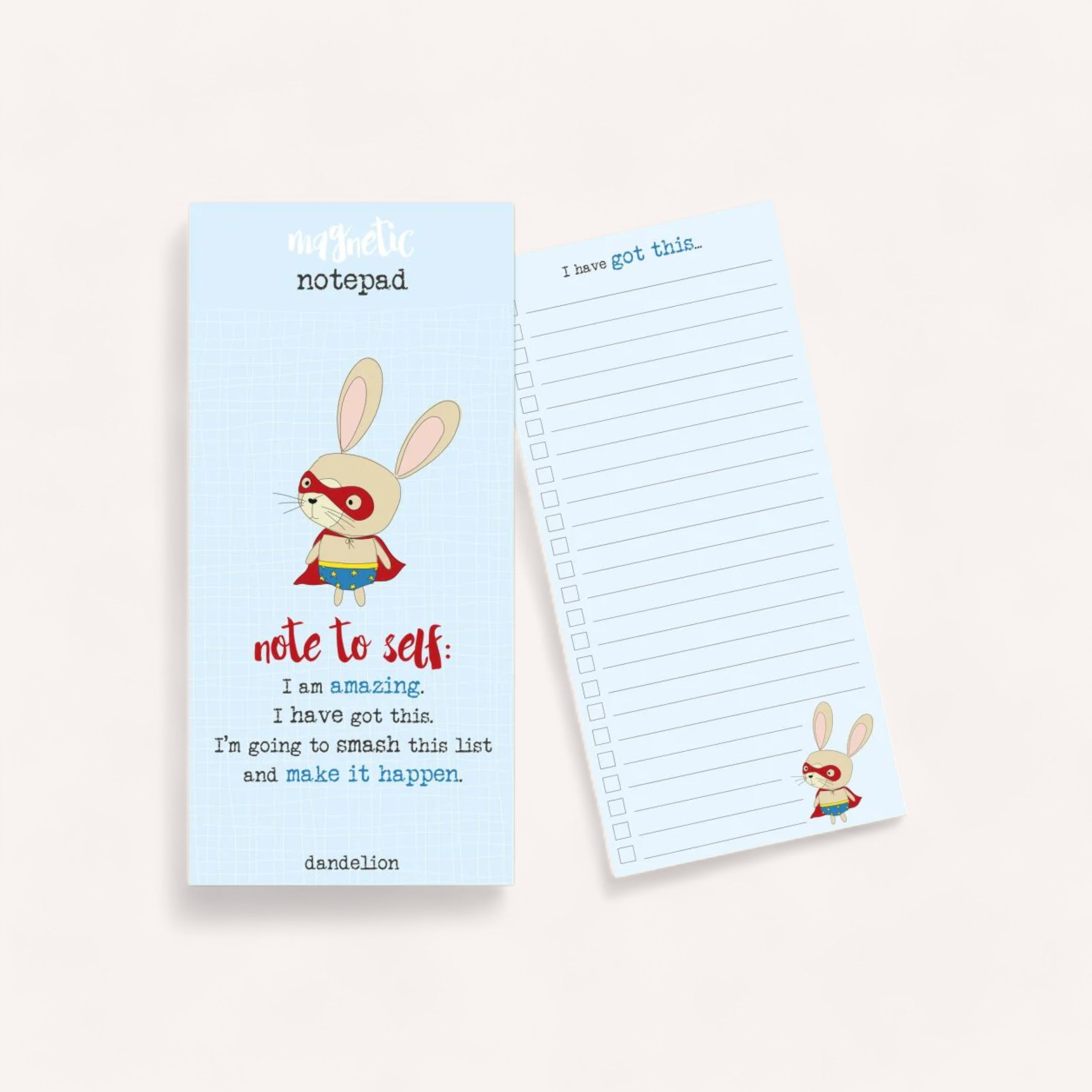Two Make It Happen Magnetic Notepads with a blue cover featuring a cartoon rabbit and motivational text, next to a lined white notepad with the phrase "I have got this.
