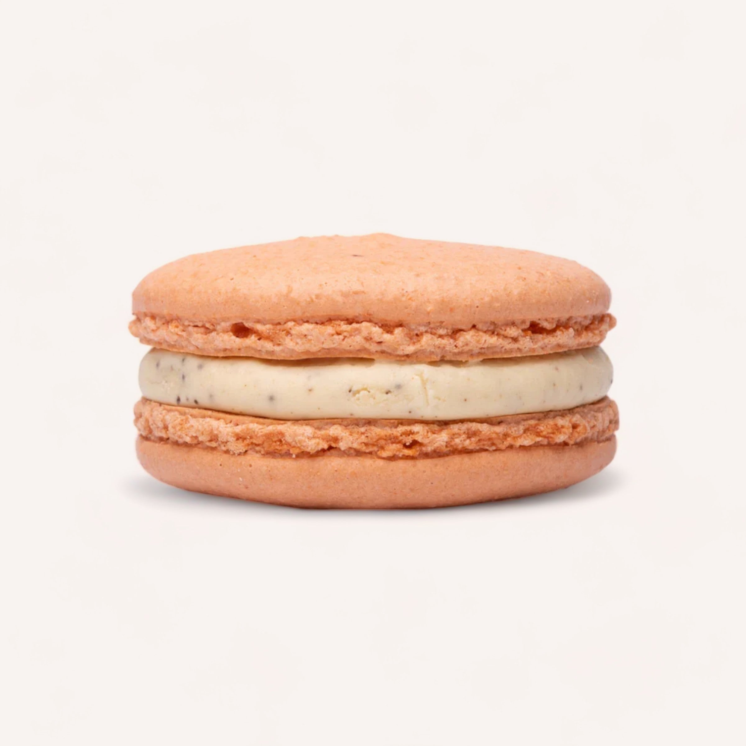 A single handmade macaron with a blush pink cookie shell and a creamy filling, presented against a white background in Christchurch, New Zealand from J'aime les Macarons' Box of 12 Macarons.