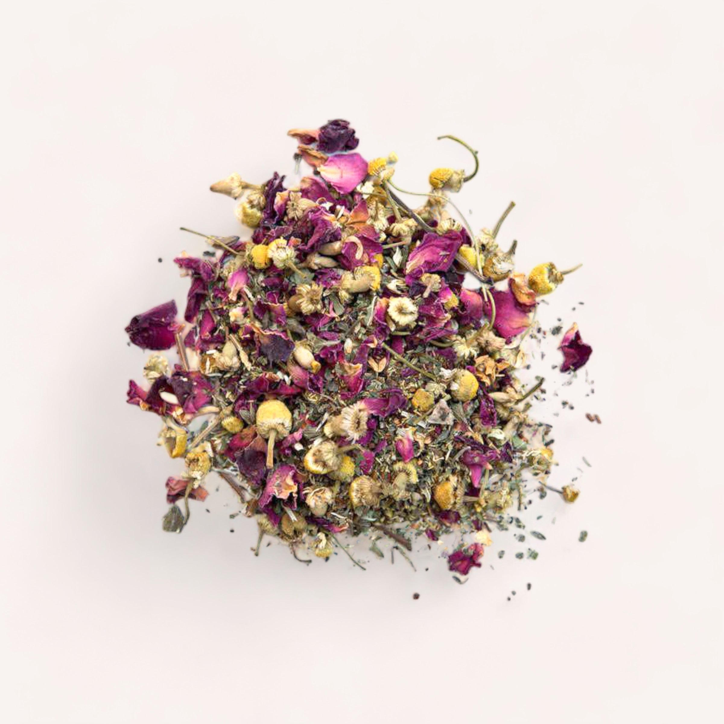 A pile of Repose Tea by Forage + Bloom on a white background, potentially used for herbal tea blends or aromatherapy.