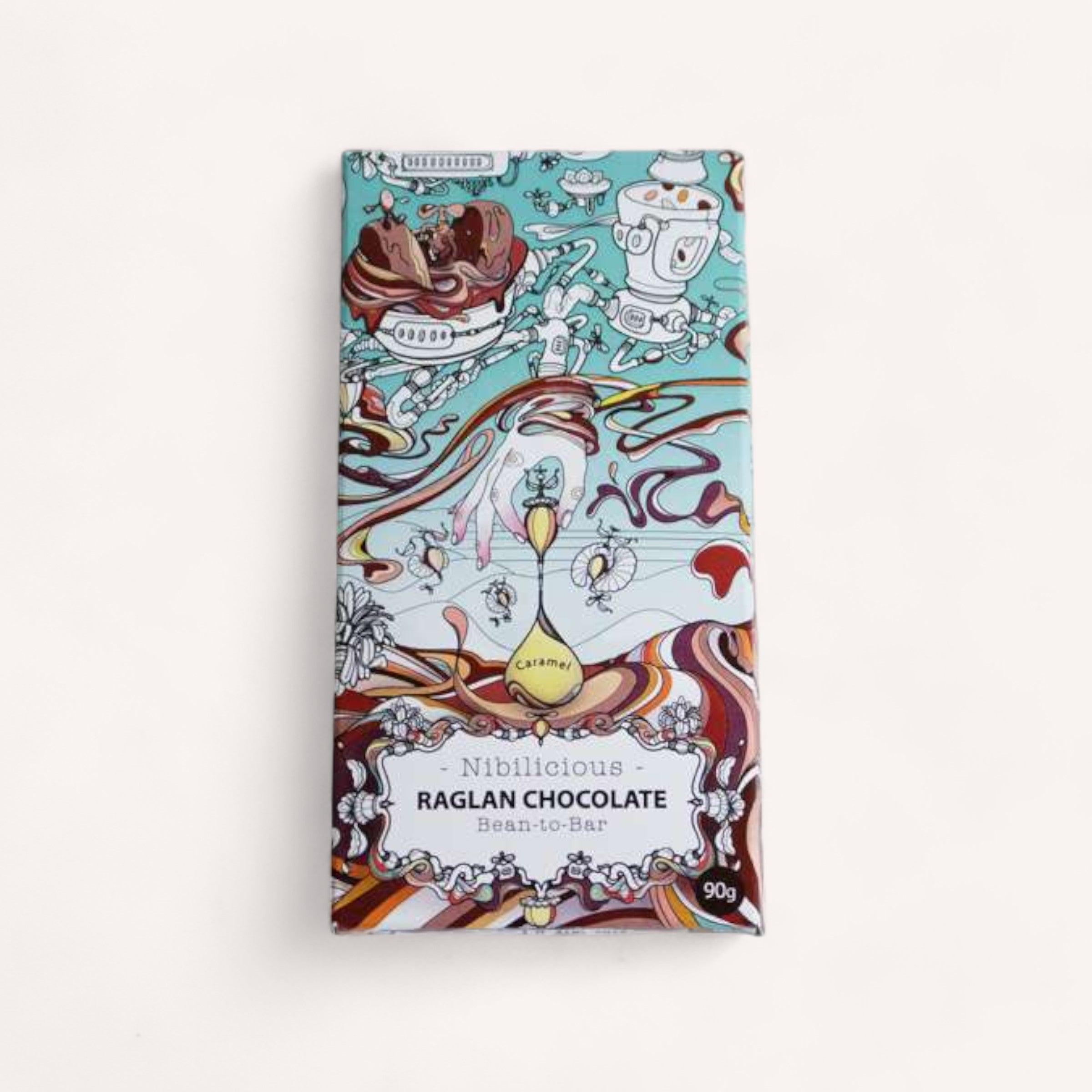 A vibrant and intricately designed Nibilicious by Raglan Chocolate bar wrapper with playful illustrations, featuring a citrus theme for a caramelised white chocolate product.