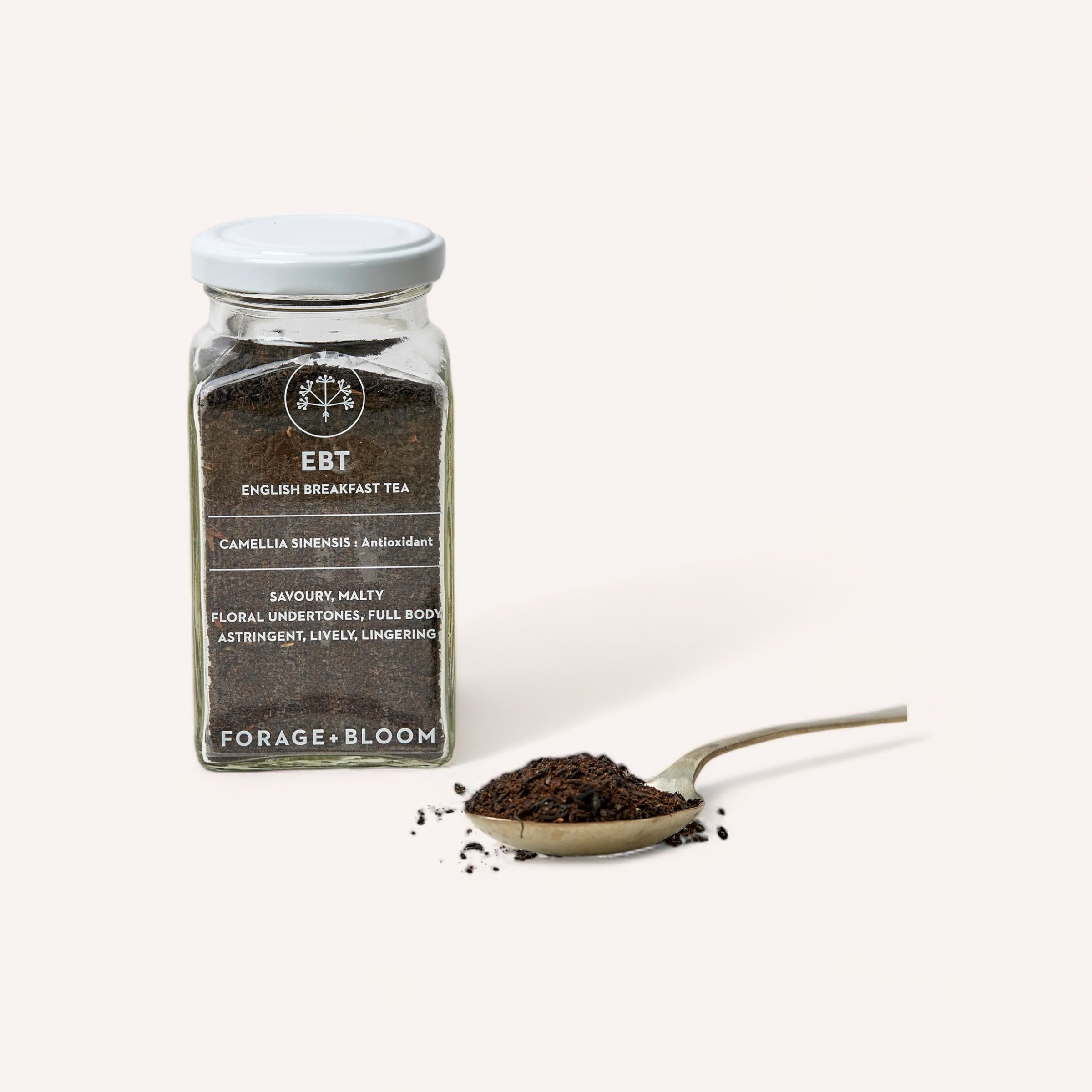 A jar of English Breakfast Tea by Forage + Bloom, a type of antioxidant-rich black tea, alongside a sprinkling of loose leaves on a spoon, embodying a neat and minimalist tea presentation.