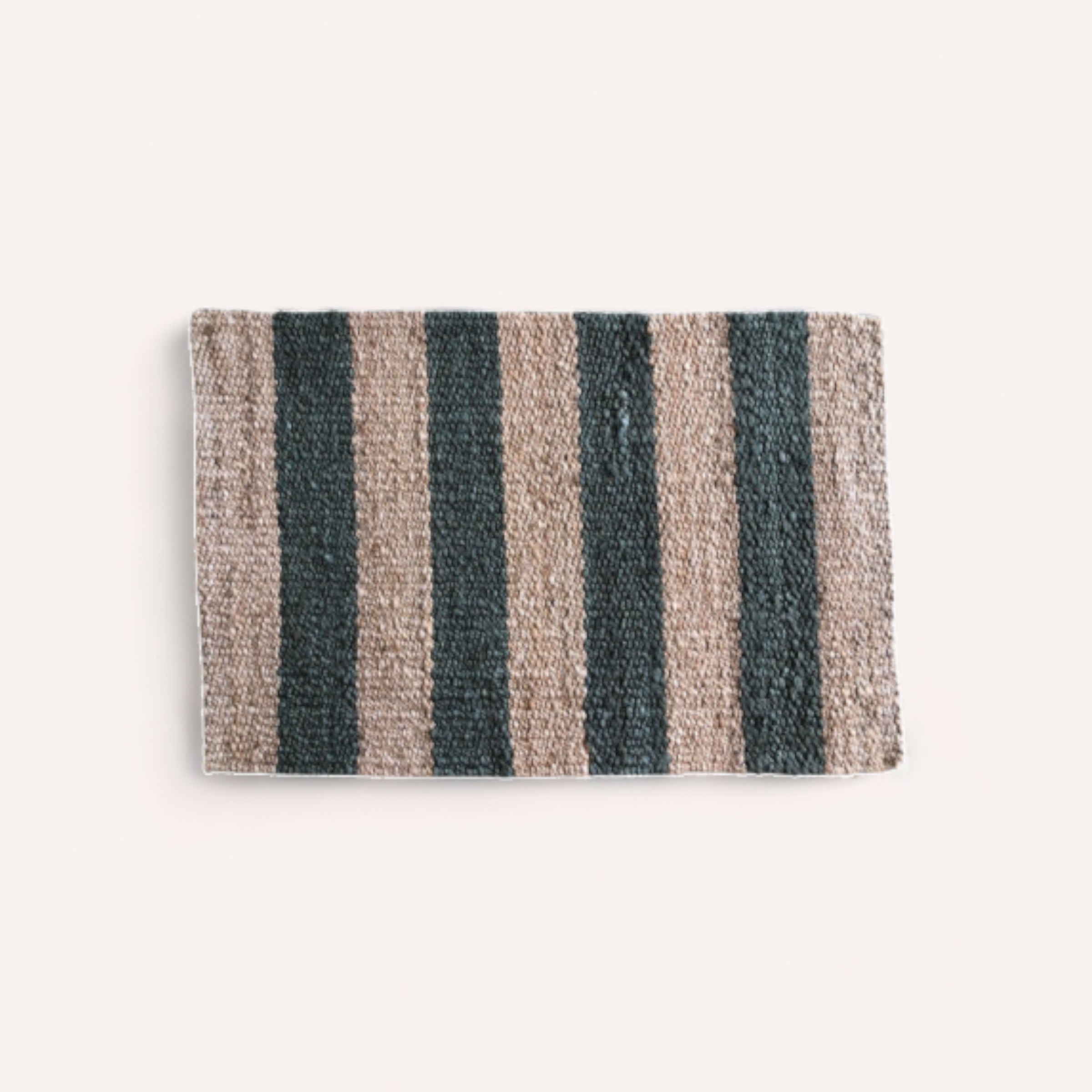 A Jute Mat Green Stripe by PottedNZ, featuring green stripes, laid flat on a white background.