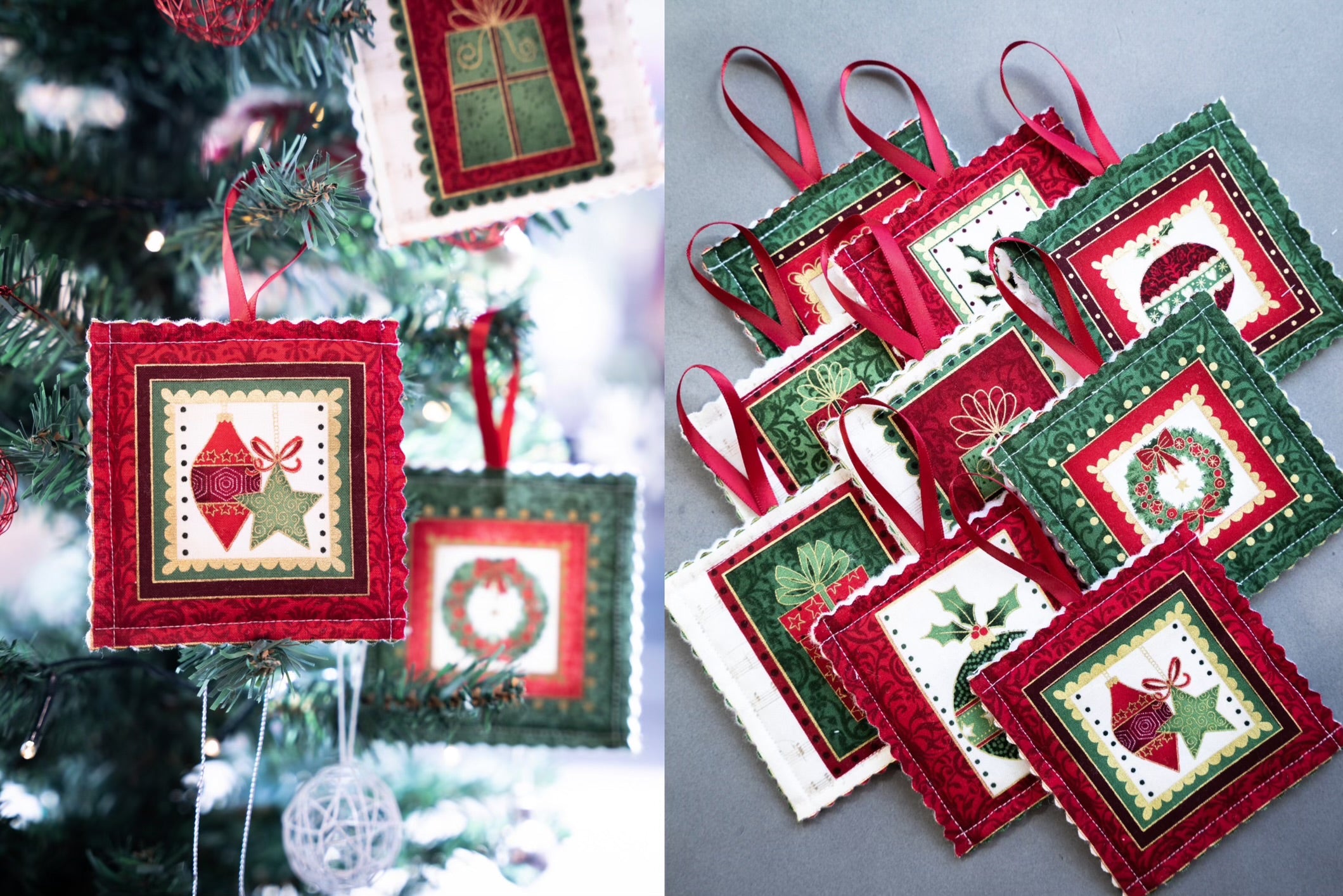 On the left, Quilted square holiday ornaments with festive motifs such as stockings and stars from giftbox co.'s Handmade Christmas Tree Decorations collection hang beautifully as tree adornments. On the right, you'll find similar handmade decorations arranged on a gray background, featuring holly and snowflakes. Each ornament is elegantly finished with a red ribbon loop.