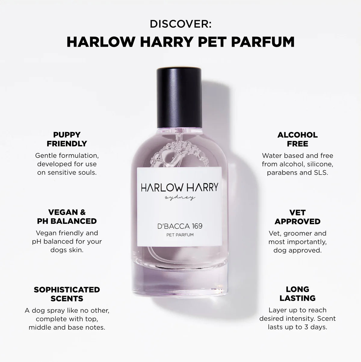 A modern, elegant advertisement for D'bacca 169 Dog Perfume by Harlow Harry, showcasing a sleek bottle of dog-friendly, vegan, PH-balanced, alcohol-free fragrance designed for a sophisticated and long-lasting scent with cedar mus