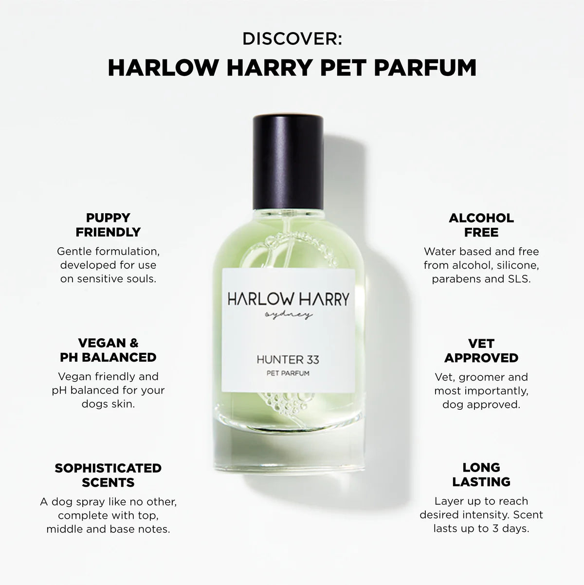 Elegant Hunter 33 Dog Perfume by Harlow Harry pet perfume bottle against a clean background with descriptive text highlighting its gentle, alcohol-free, vegan and pH-balanced formula, and the assurance of being vet approved with a long-lasting