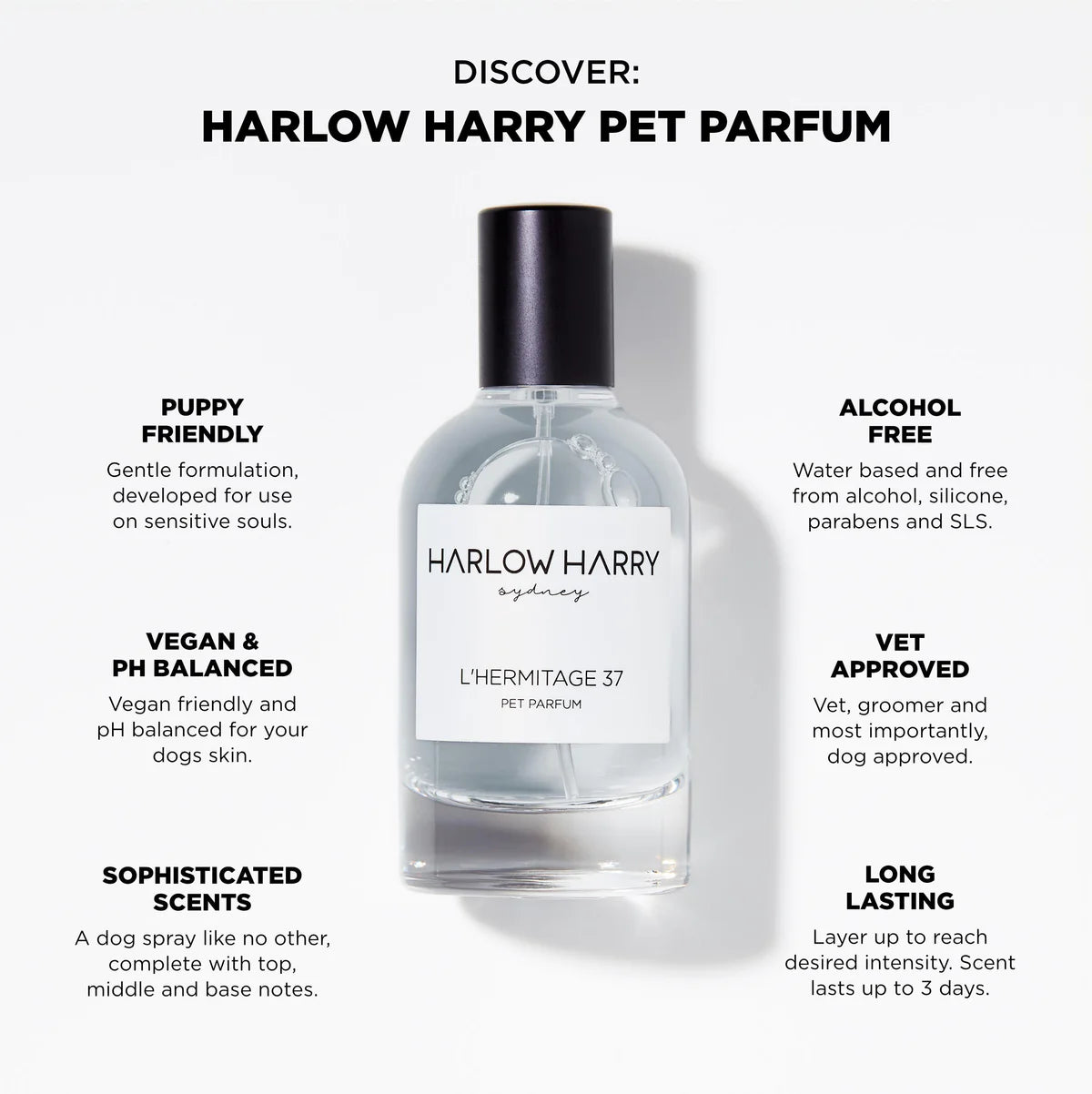 A sleek bottle of L'hermitage 37 Dog Perfume by Harlow Harry is displayed, marketed as a luxury unisex scent for dogs with features like being friendly pH balanced, vegan, alcohol-free, and vet approved.