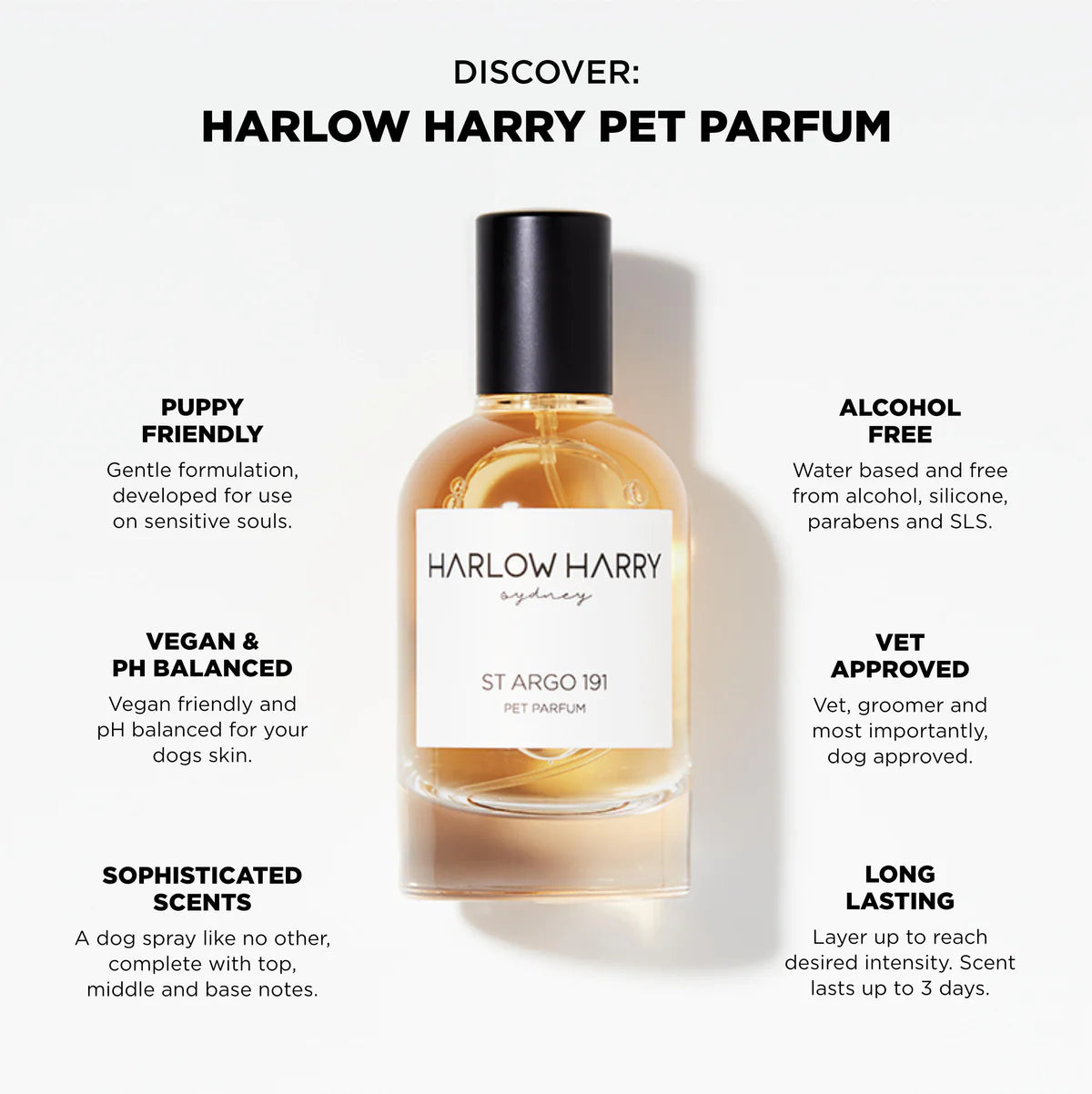 Elegant St Argo 191 dog perfume bottle for pets with a clear amber liquid, labeled 'Harlow Harry pet parfum,' surrounded by key selling points such as being friendly ph balanced, alcohol-free, vegan &