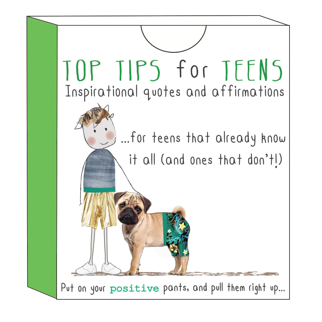 A white box features the title "Top Tips for Teens: Inspirational Quotes and Affirmations" from iCandy's Positivity Pack. Below the title, there's an illustration of a stick-figure teen in a sweater and golden shorts standing next to a pug in colorful shorts. The caption reads, "Put on your positive pants, and pull them right up... for positive thinking!