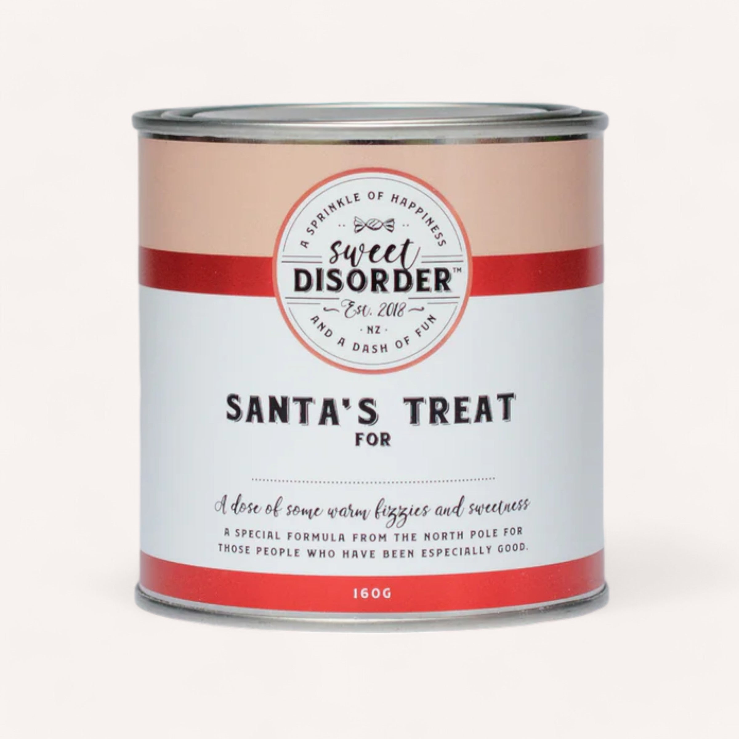 A tin can from Sweet Disorder, titled "Santa's Treat For ... Lollies," offers a special formula of mixed gummies from the North Pole for those who've been especially good. This 160g personalized gift features a red and beige design with a circular badge stating "A Sprinkle of Happiness and a Dash of Fun.