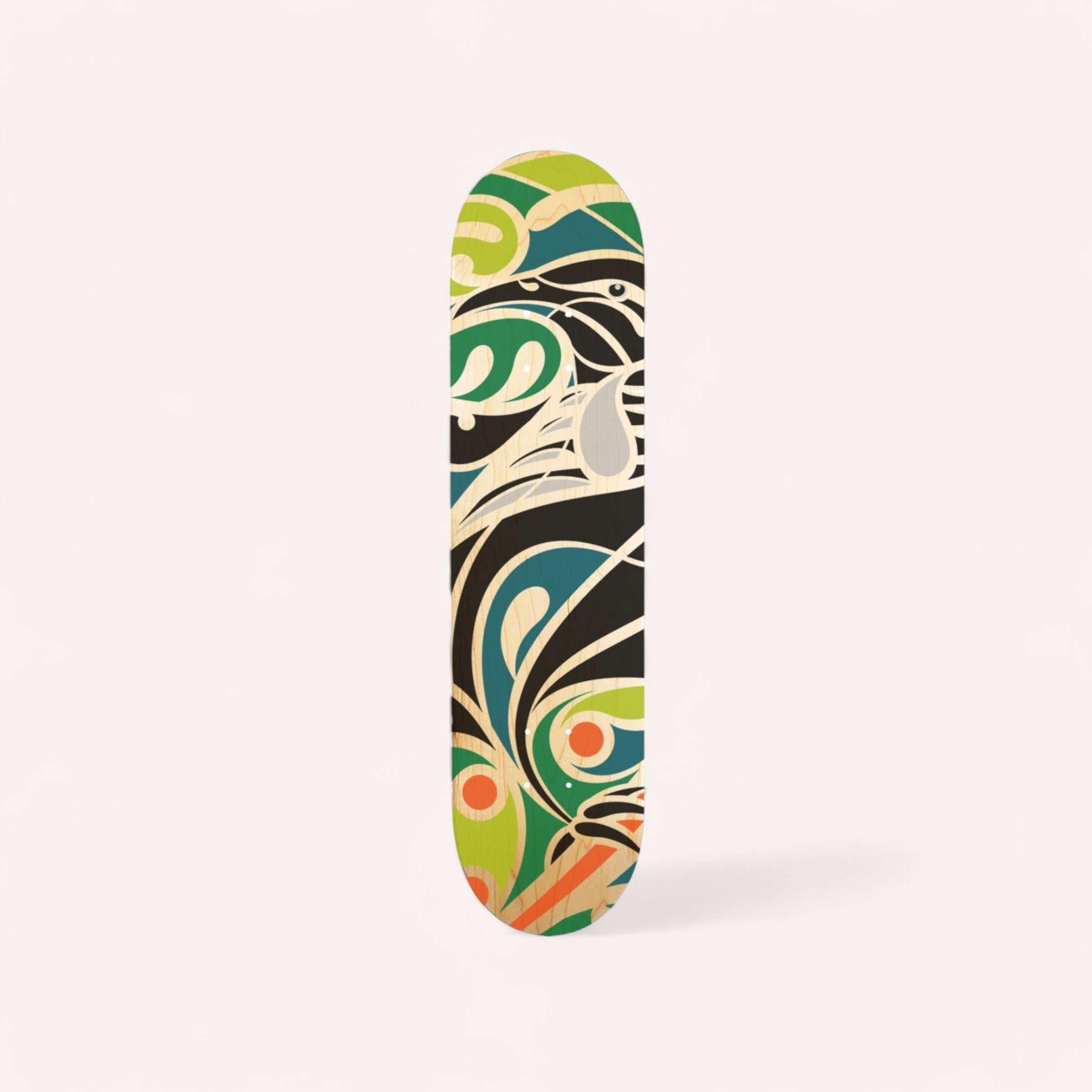 The Tiu Skateboard Deck by Shane Hansen, made from premium Canadian maple, showcases an abstract design by New Zealand artist Shane Hansen. The swirling patterns in green, black, white, and orange evoke waves and leaves against a plain white backdrop, resulting in a dynamic and artistic look.