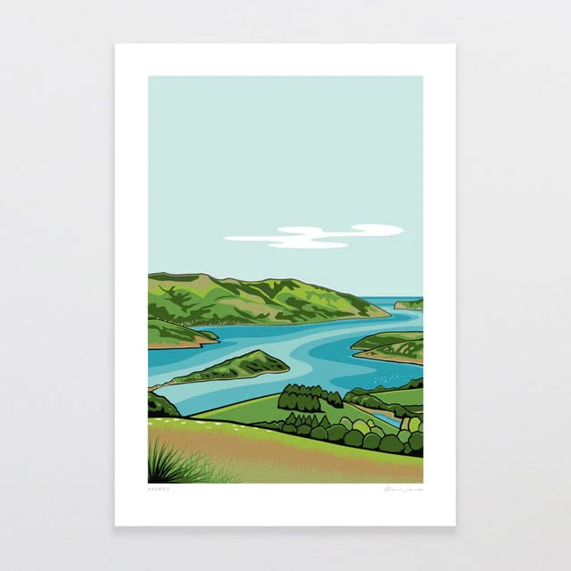 The framed print "Akaroa by Glenn Jones" from the Glenn Jones Scenic Series showcases a stylized landscape of a river winding through green hills. Overlooking the serene countryside, the artwork features vibrant greens and blues, with a bright blue sky dotted by white clouds and lush rolling hills, reminiscent of Akaroa Harbour.