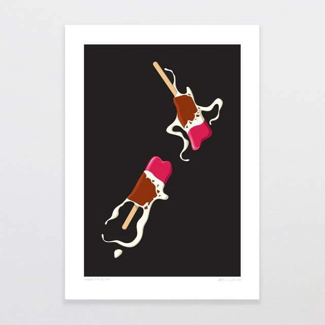 The minimalist poster, "From Tip to Tip" by Glenn Jones, showcases two melting ice cream bars—one chocolate-covered and one red popsicle—falling against a stark black background. The trails of melted cream contrast vividly with the dark backdrop. The poster is framed by a white border and displayed on a light grey wall. This eye-catching piece is part of the Glenn Jones collection.