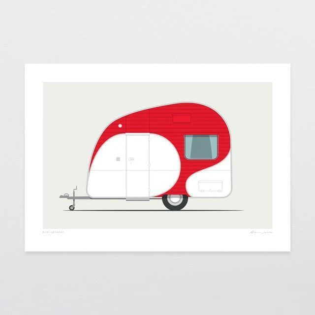 This framed print, "Kiwi Getaway" by Glenn Jones, showcases a retro-style caravan with a red top and white bottom. The camper's curved design, single wheel, and front towing hitch are depicted against a plain, light background. It's an ideal piece for admirers of Glenn Jones's nostalgic designs.