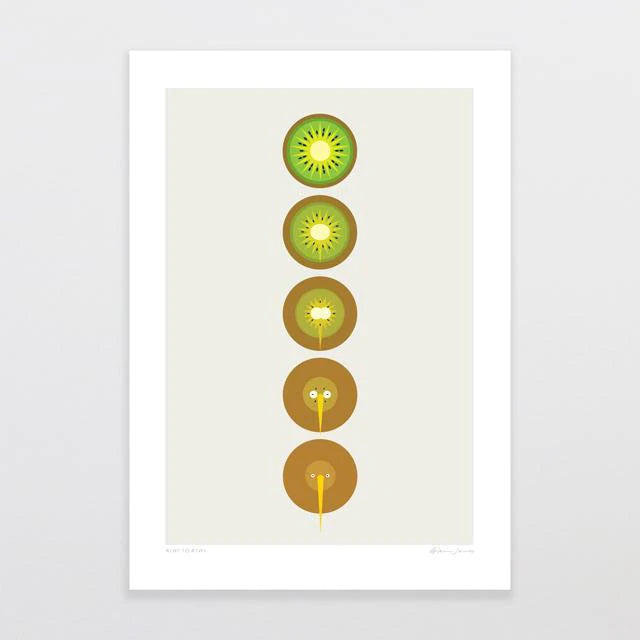 The "Kiwi to Kiwi" art print by Glenn Jones from the Glenn Jones brand features a vertical progression of five stylized kiwi slices, transitioning in color from vibrant green at the top to deep brown at the bottom. Each slice includes a small white circle in the center, set against a subtle light beige background and bordered with white.