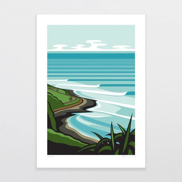 The "Raglan by Glenn Jones," part of the Glenn Jones Scenic Series, is a serene and colorful art print showcasing a stylized coastal landscape at Manu Bay. Gentle waves roll towards a curved shoreline bordered by green hills and lush vegetation in the foreground. The sky is depicted in light blue with stylized white clouds, all rendered in clean, sharp lines that define the overall tranquil tone.