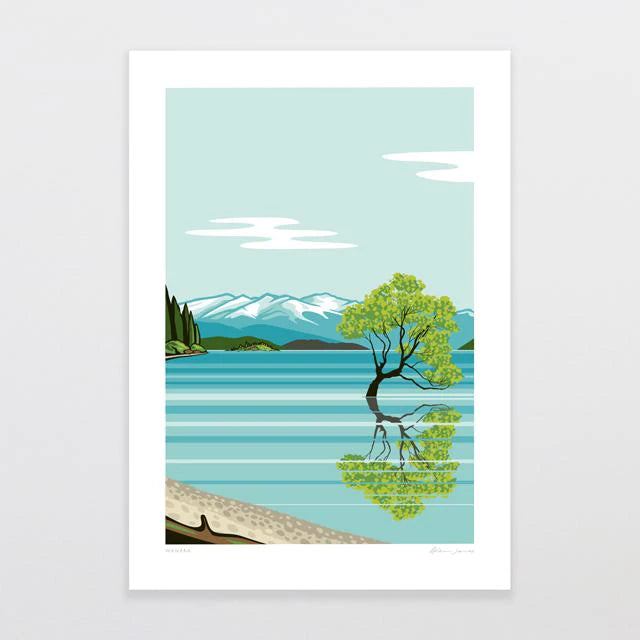 The "Wanaka by Glenn Jones" digital art print from the Glenn Jones brand features a serene Lake Wanaka scene with the iconic Wanaka Tree emerging from the water. Snow-capped mountains and evergreen trees create a picturesque backdrop, while a pale blue sky with stylized white clouds reflects on the calm surface of the lake.